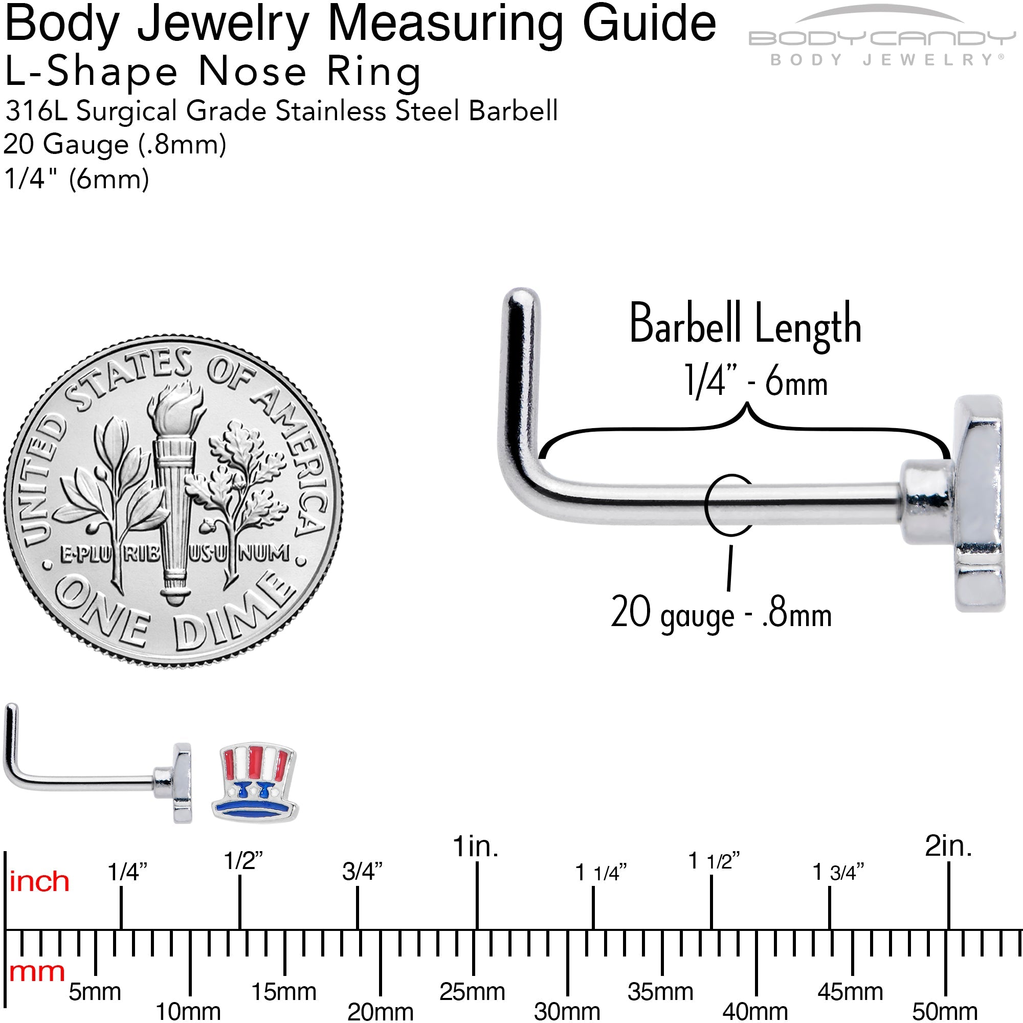 BodyCandy 20G 7mm Patriotic Uncle Sam Top Hat L Shape Nose Ring — back view