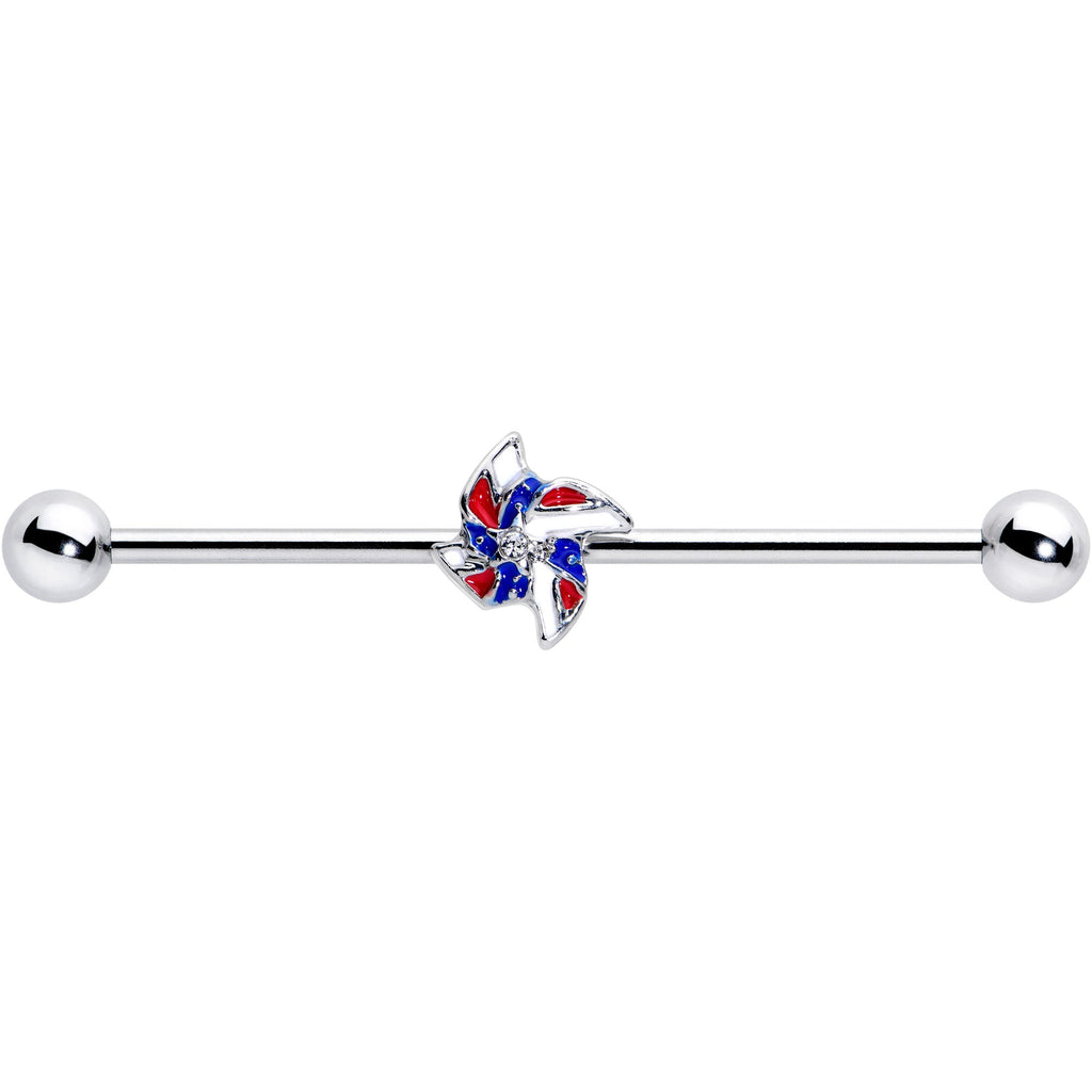 BodyCandy 14G Patriotic Pinwheel Industrial Barbell 38mm — detail close-up