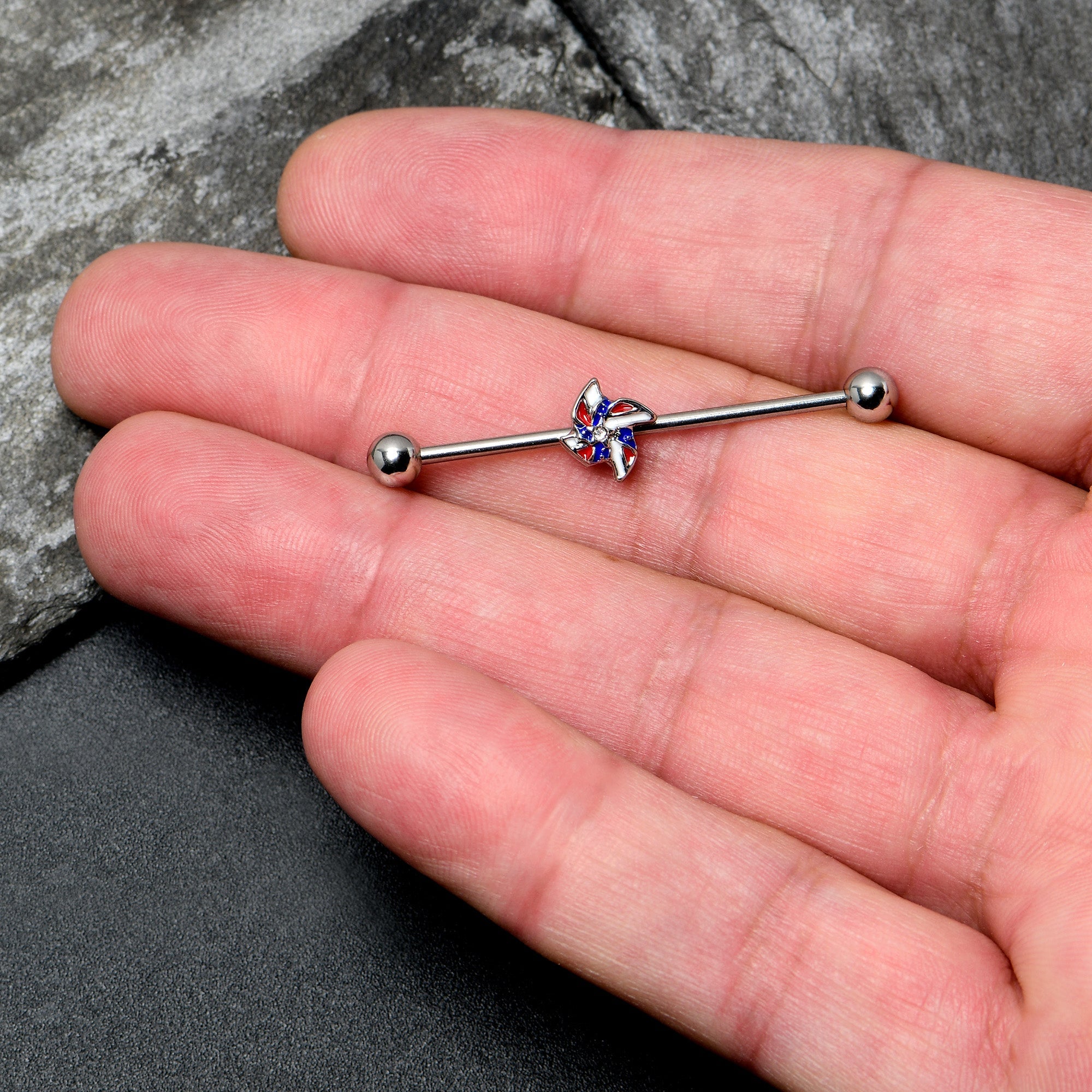 BodyCandy 14G Patriotic Pinwheel Industrial Barbell 38mm — lifestyle context