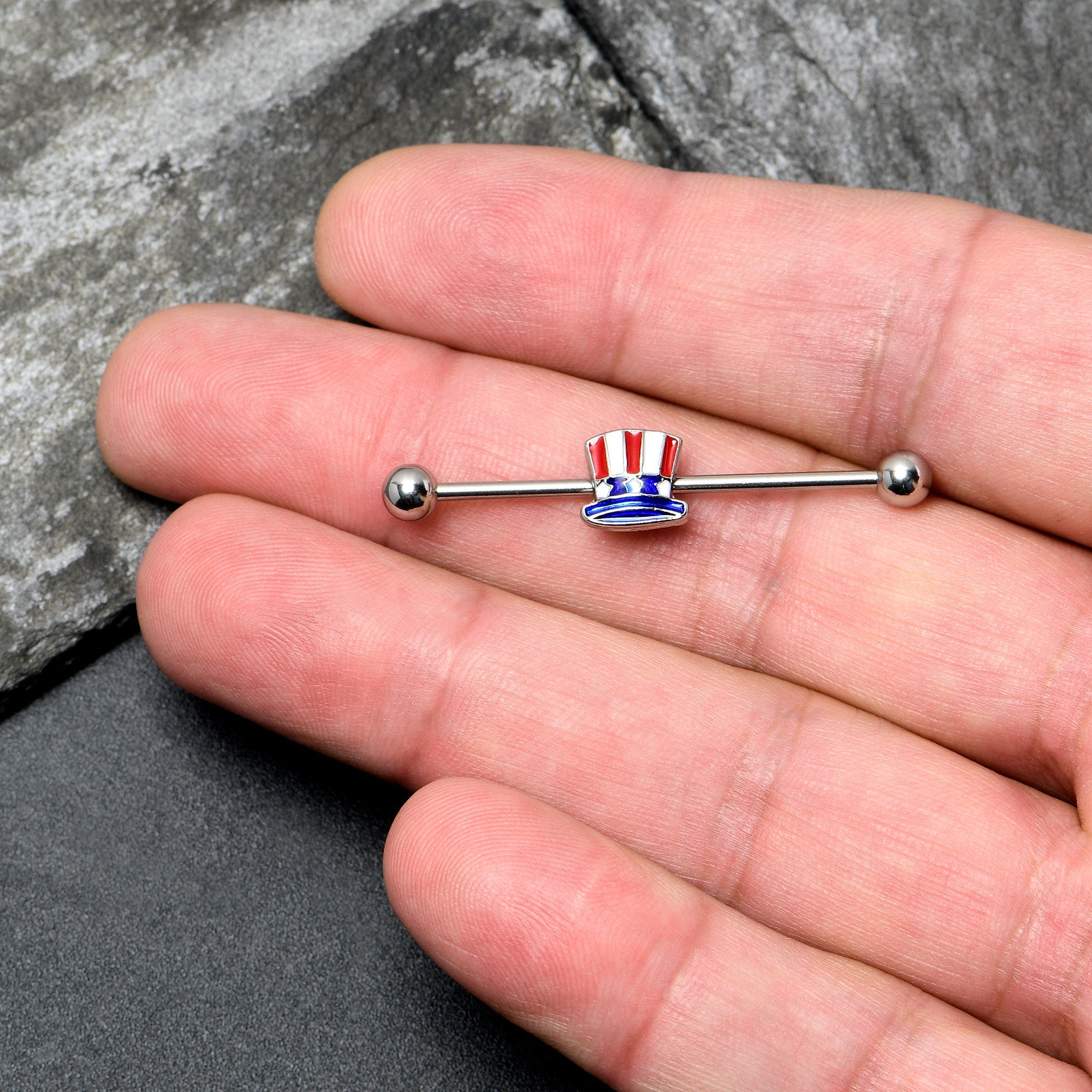 BodyCandy 14G Patriotic Uncle Sam Top Hat Industrial Barbell 38mm — lifestyle context