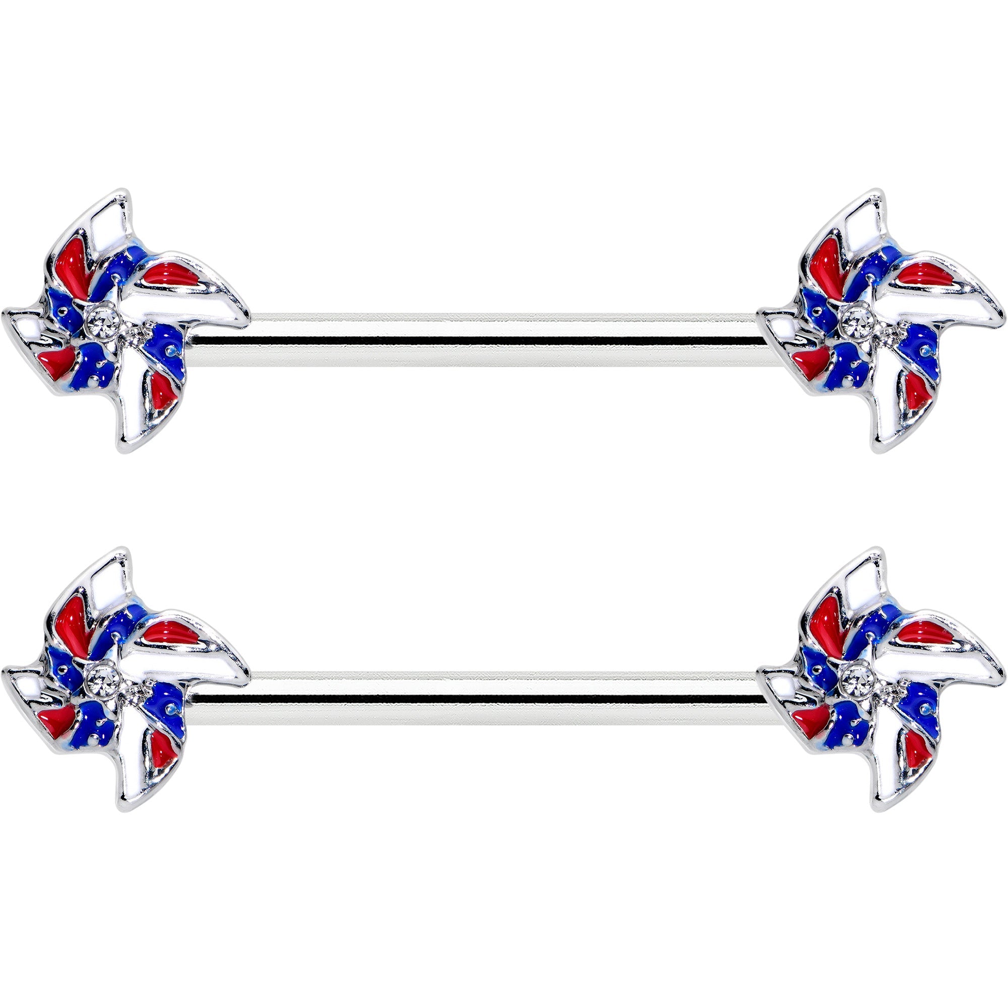 BodyCandy 14G 9/16 Patriotic Pinwheel Barbell Nipple Ring Set — detail close-up