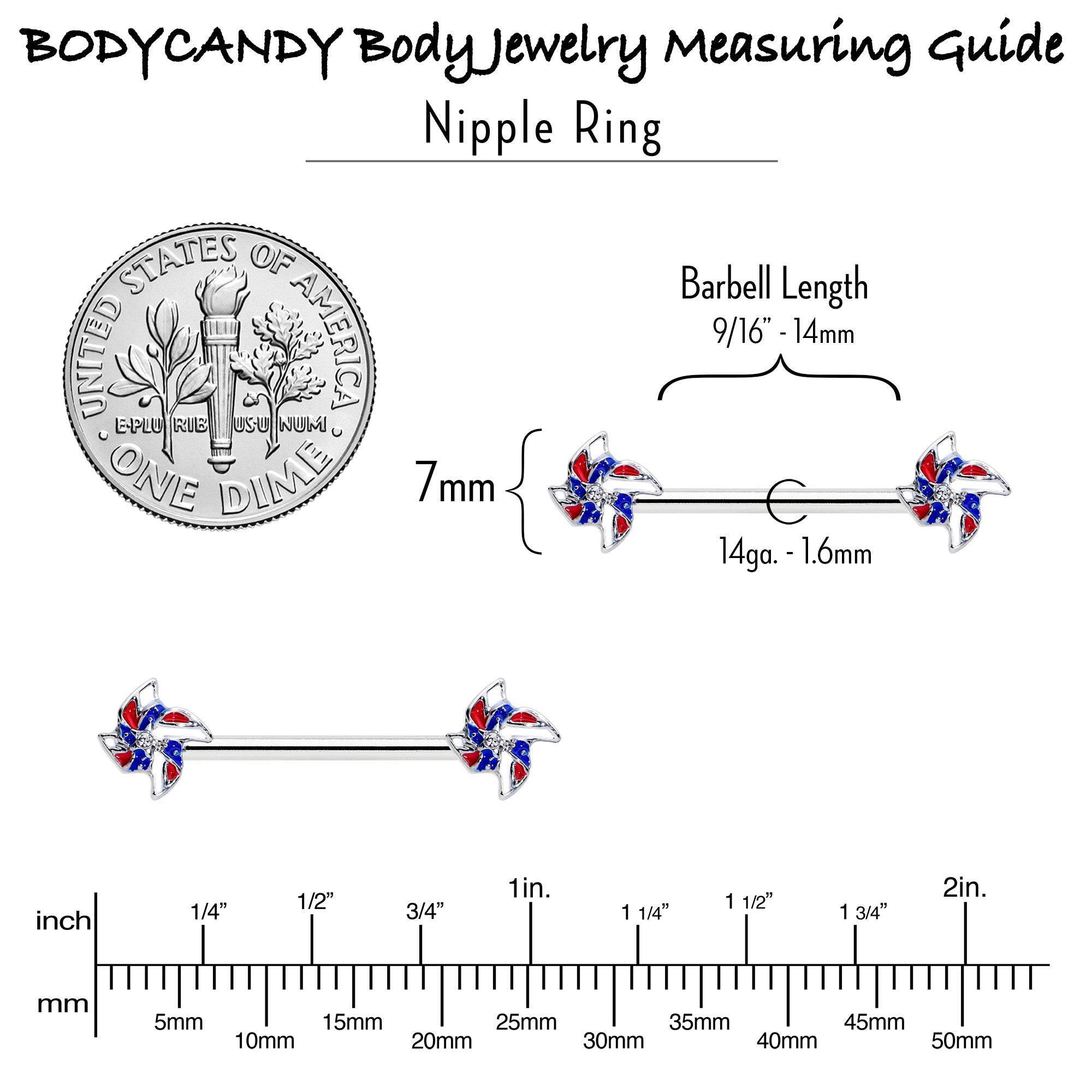 BodyCandy 14G 9/16 Patriotic Pinwheel Barbell Nipple Ring Set — side view