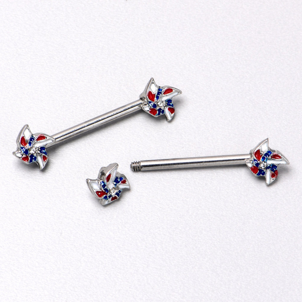 BodyCandy 14G 9/16 Patriotic Pinwheel Barbell Nipple Ring Set — in-use photo