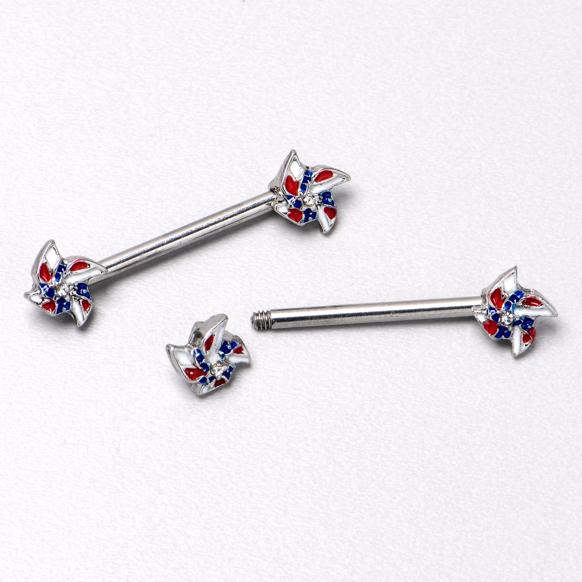 BodyCandy 14G 9/16 Patriotic Pinwheel Barbell Nipple Ring Set — in-use photo