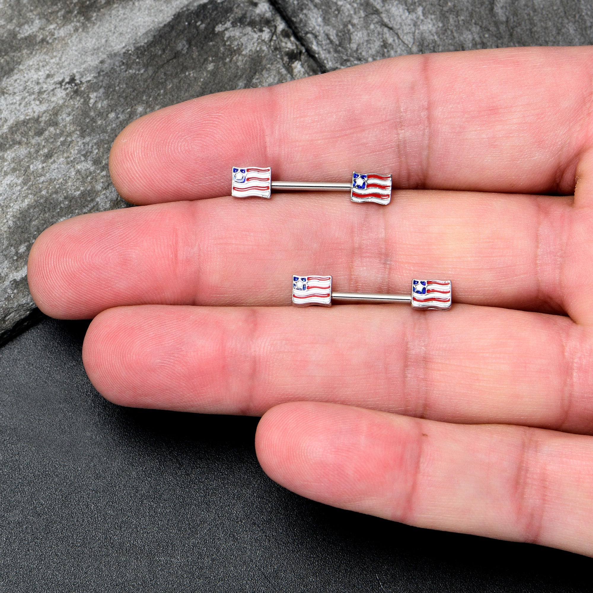 BodyCandy 14G 9/16 Patriotic Flag Barbell Nipple Ring Set — lifestyle context