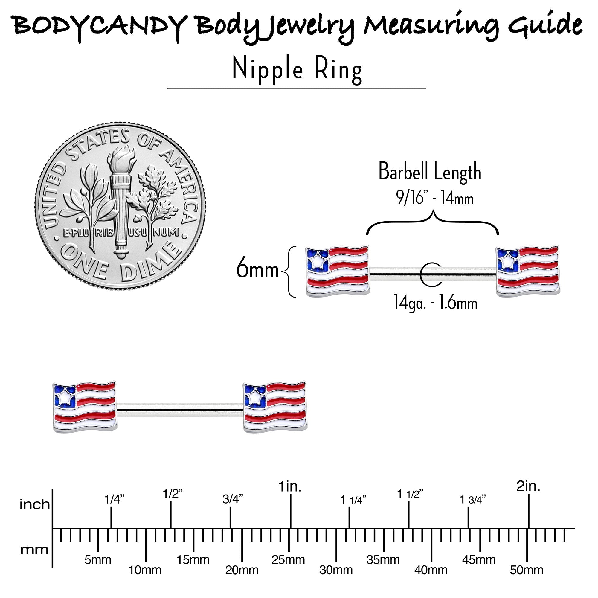 BodyCandy 14G 9/16 Patriotic Flag Barbell Nipple Ring Set — side view