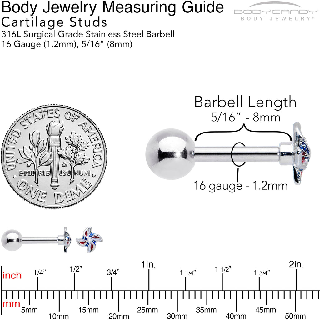 BodyCandy 16G 1/4 Patriotic Pinwheel Cartilage Tragus Earring — back view