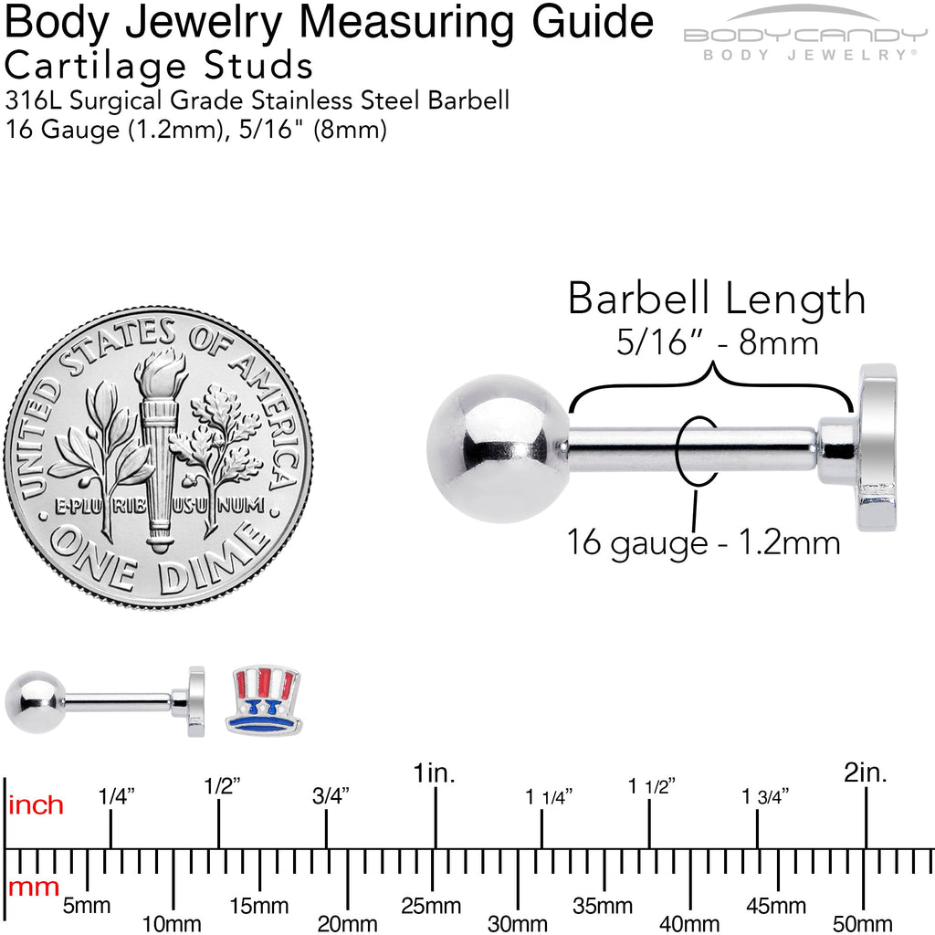 BodyCandy 16G 1/4 Patriotic Uncle Sam Top Hat Cartilage Tragus Earring — back view