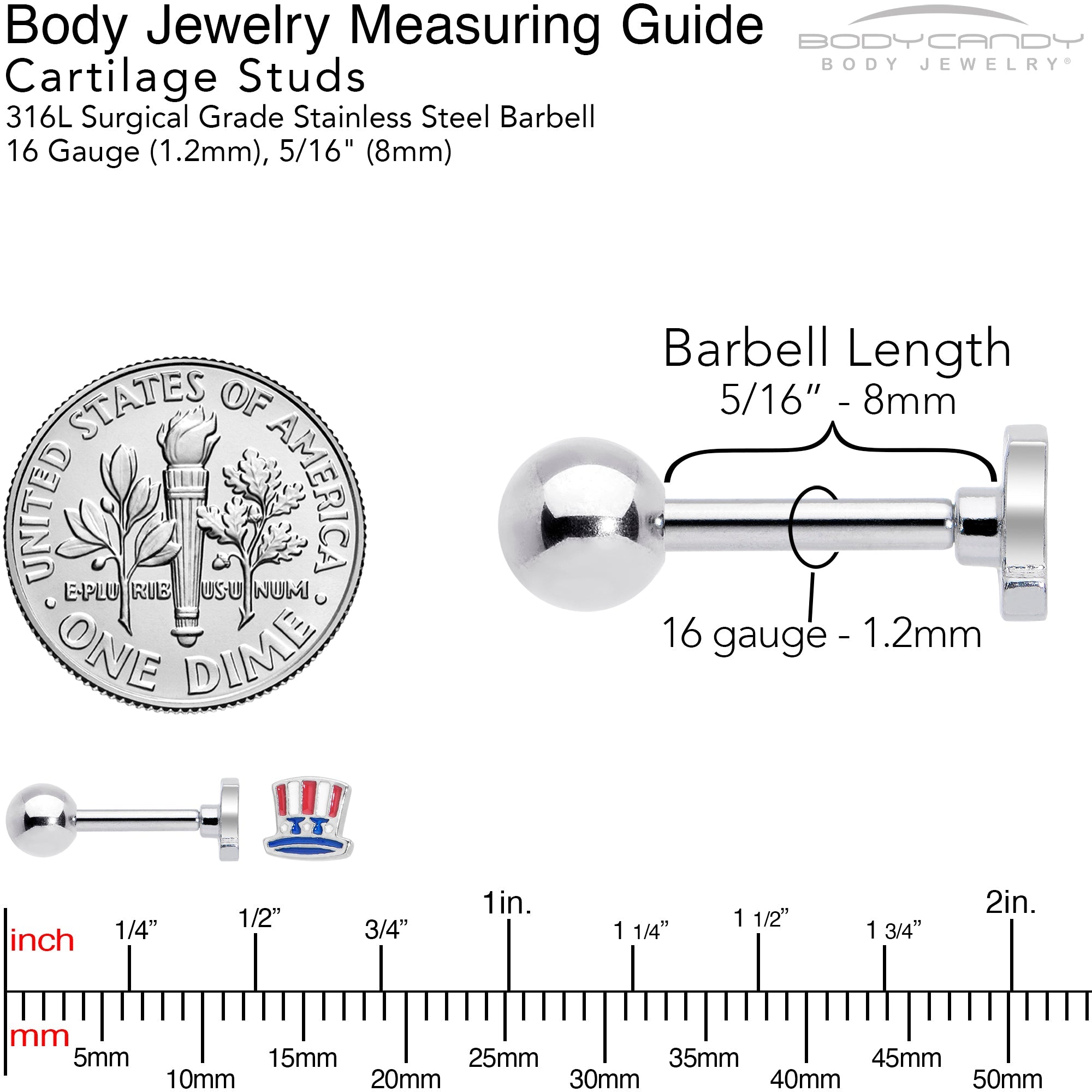 BodyCandy 16G 1/4 Patriotic Uncle Sam Top Hat Cartilage Tragus Earring — back view