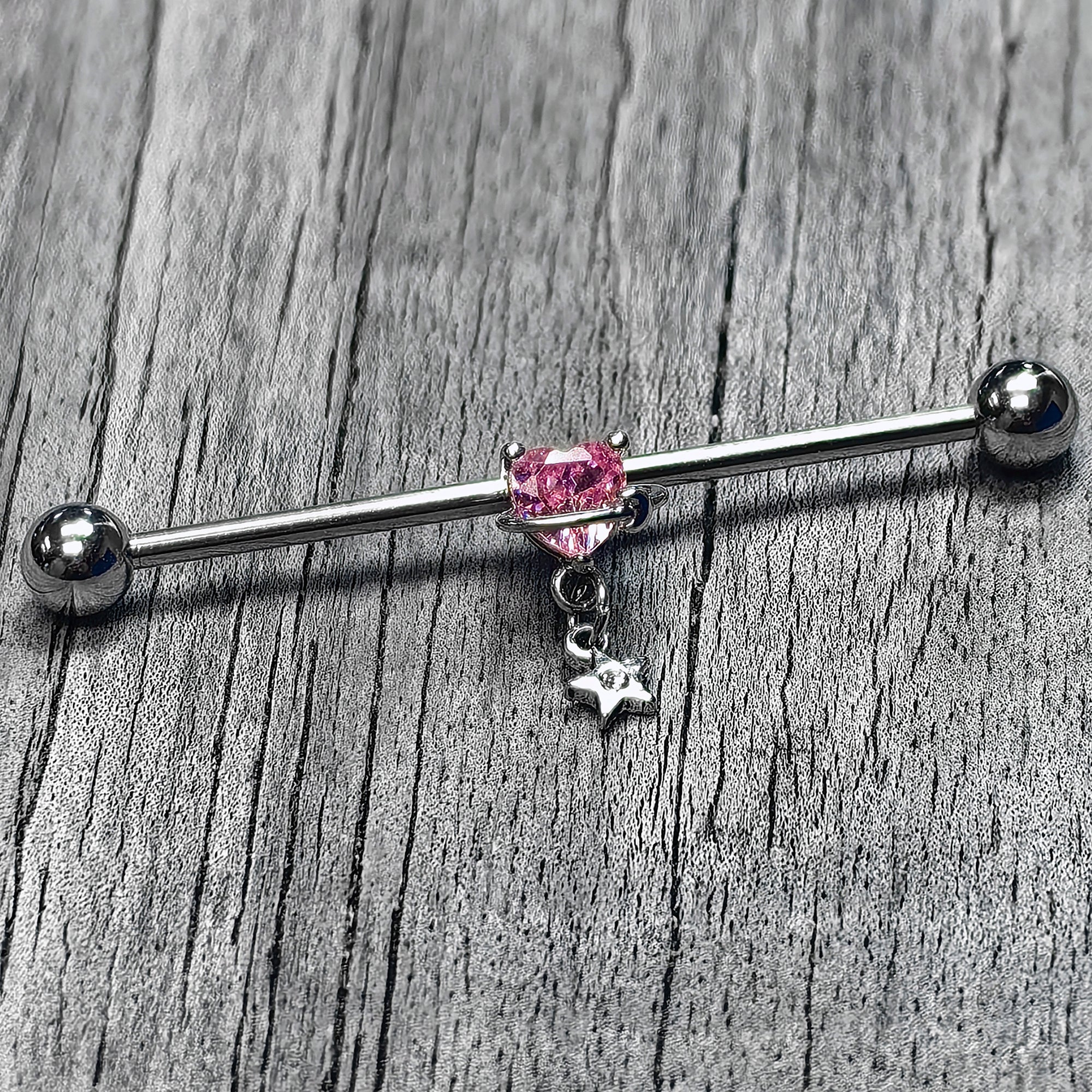 BodyCandy 14G Pink CZ Gem Starry Saturn Heart Dangle Industrial Barbell 38mm — main product shot