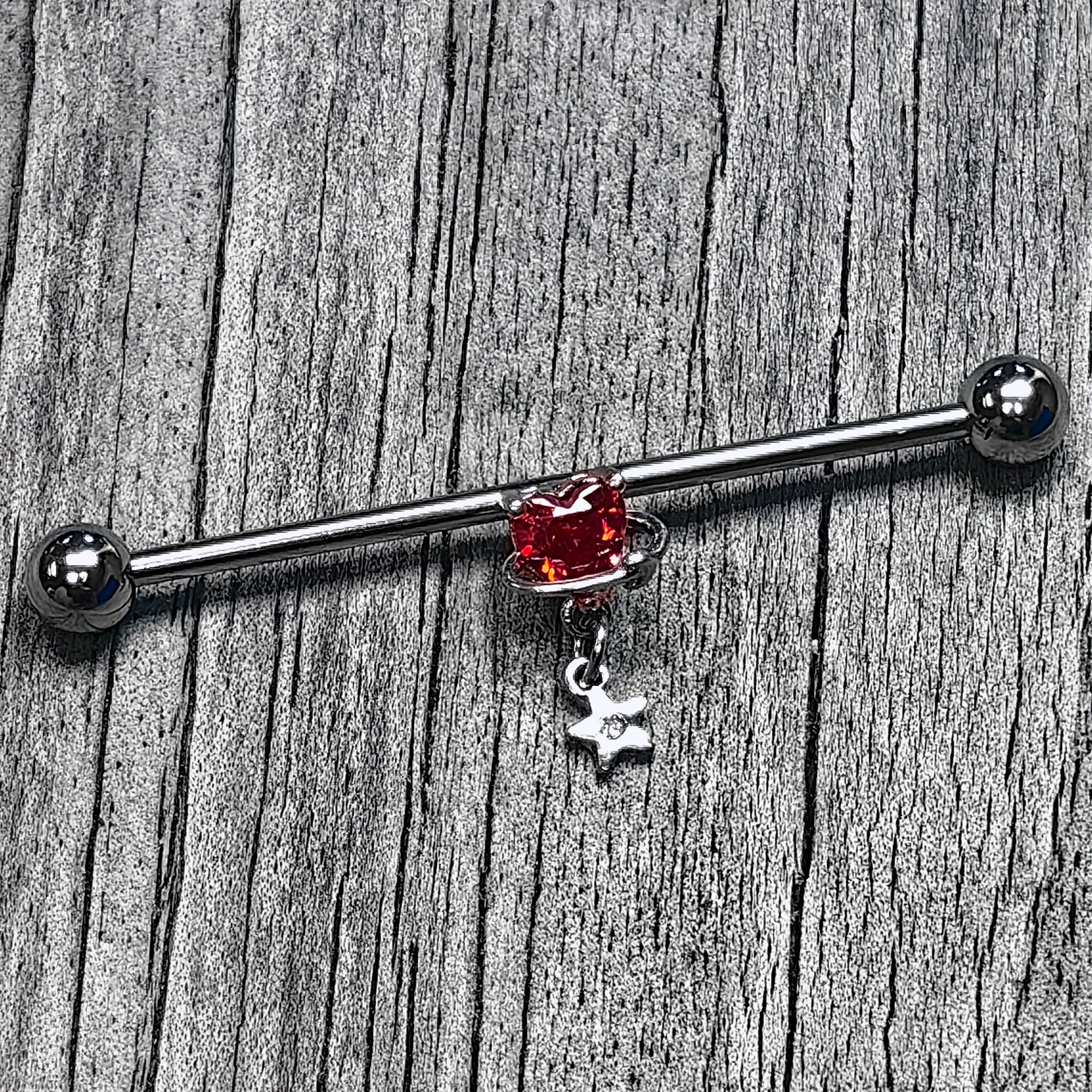 BodyCandy 14G Red CZ Gem Starry Saturn Heart Dangle Industrial Barbell 38m — main product shot