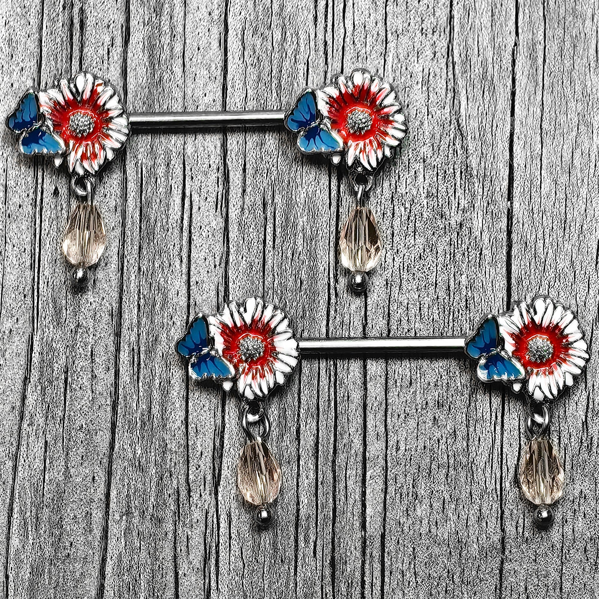 BodyCandy 14G 9/16 Passion Flower Blue Red Butterfly Dangle Nipple Ring Set — main product shot