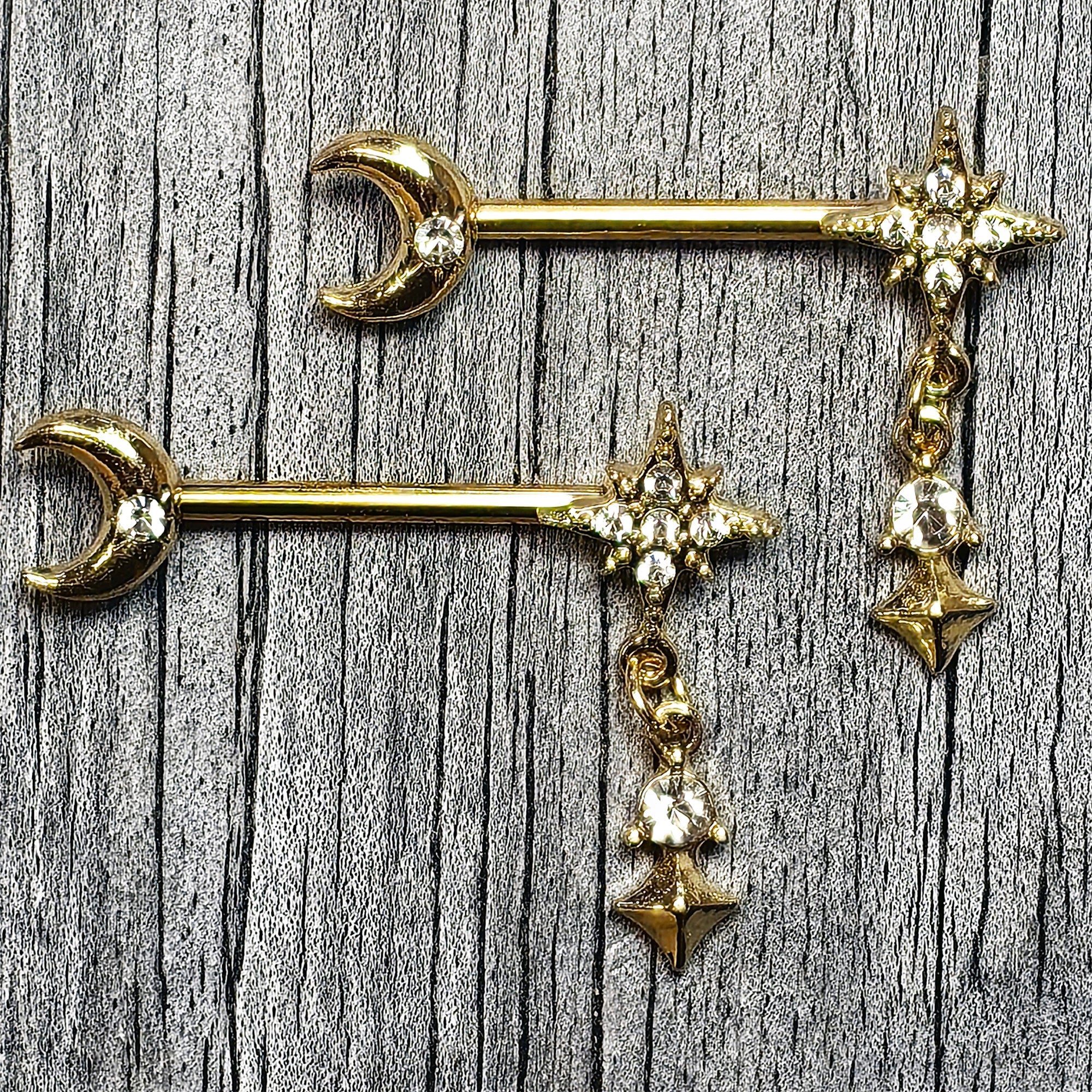 BodyCandy 14G 9/16 Clear Gem Gold Tone Celestial Glam Dangle Nipple Ring Set — lifestyle context