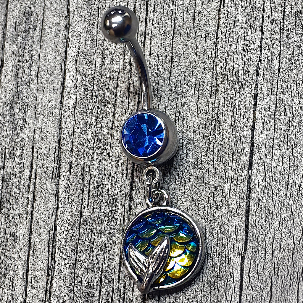 BodyCandy Blue Gem Mermaid Dark Blue Scale Tail Dangle Belly Ring — side view