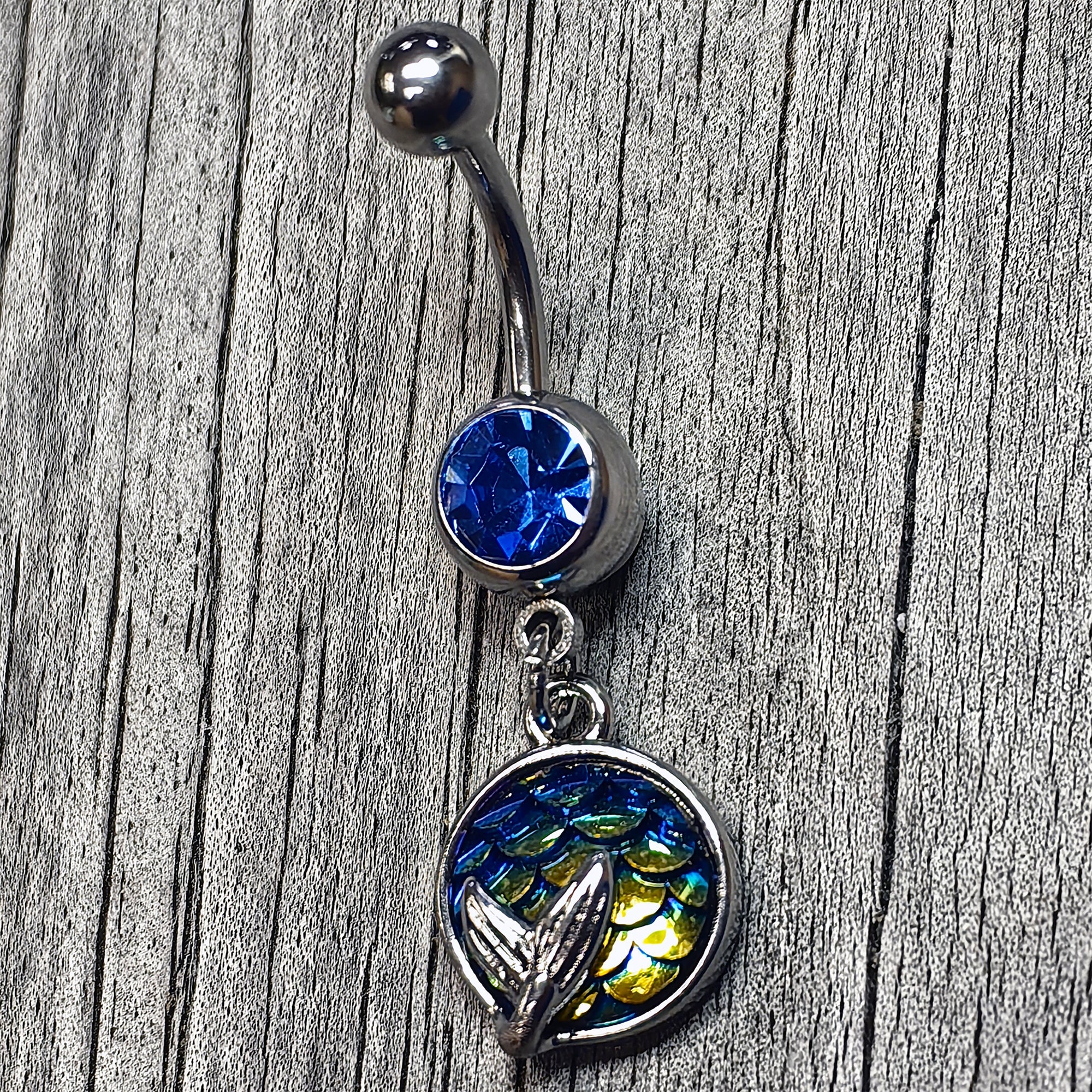BodyCandy Blue Gem Mermaid Dark Blue Scale Tail Dangle Belly Ring — side view