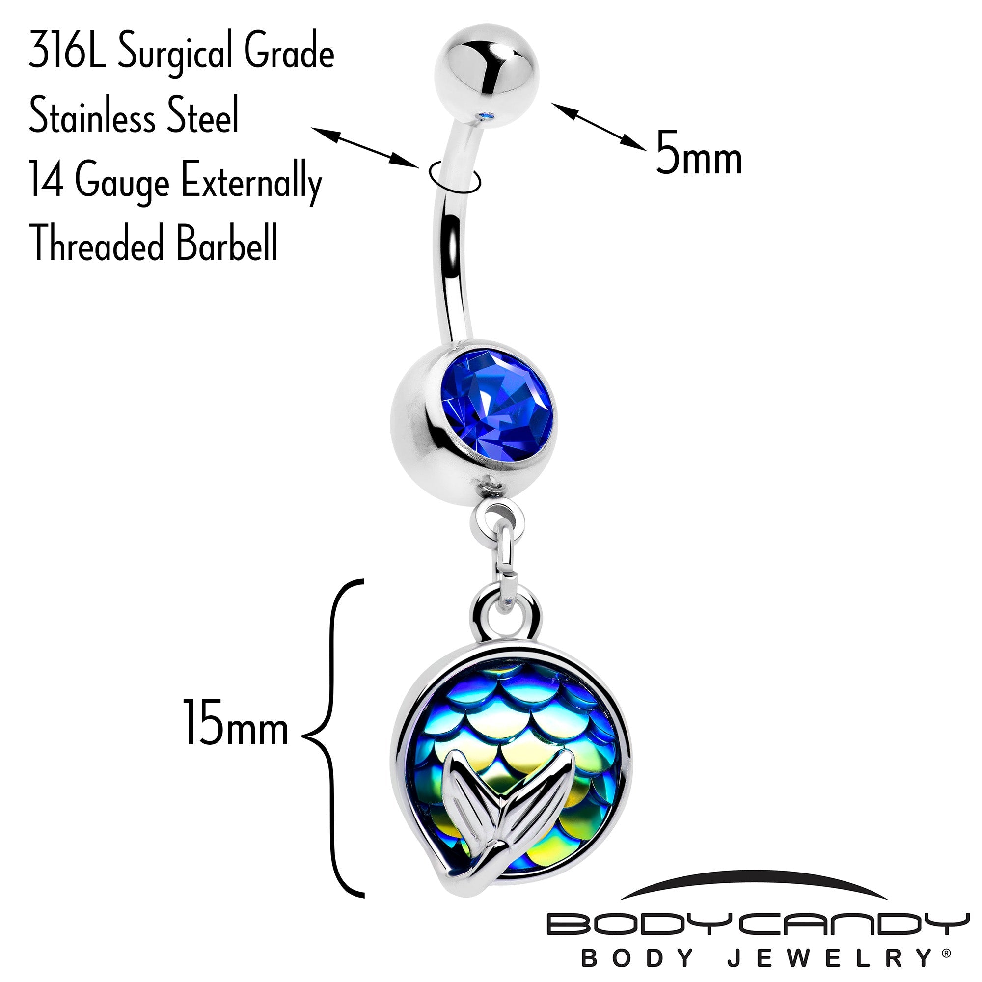 BodyCandy Blue Gem Mermaid Dark Blue Scale Tail Dangle Belly Ring — detail close-up