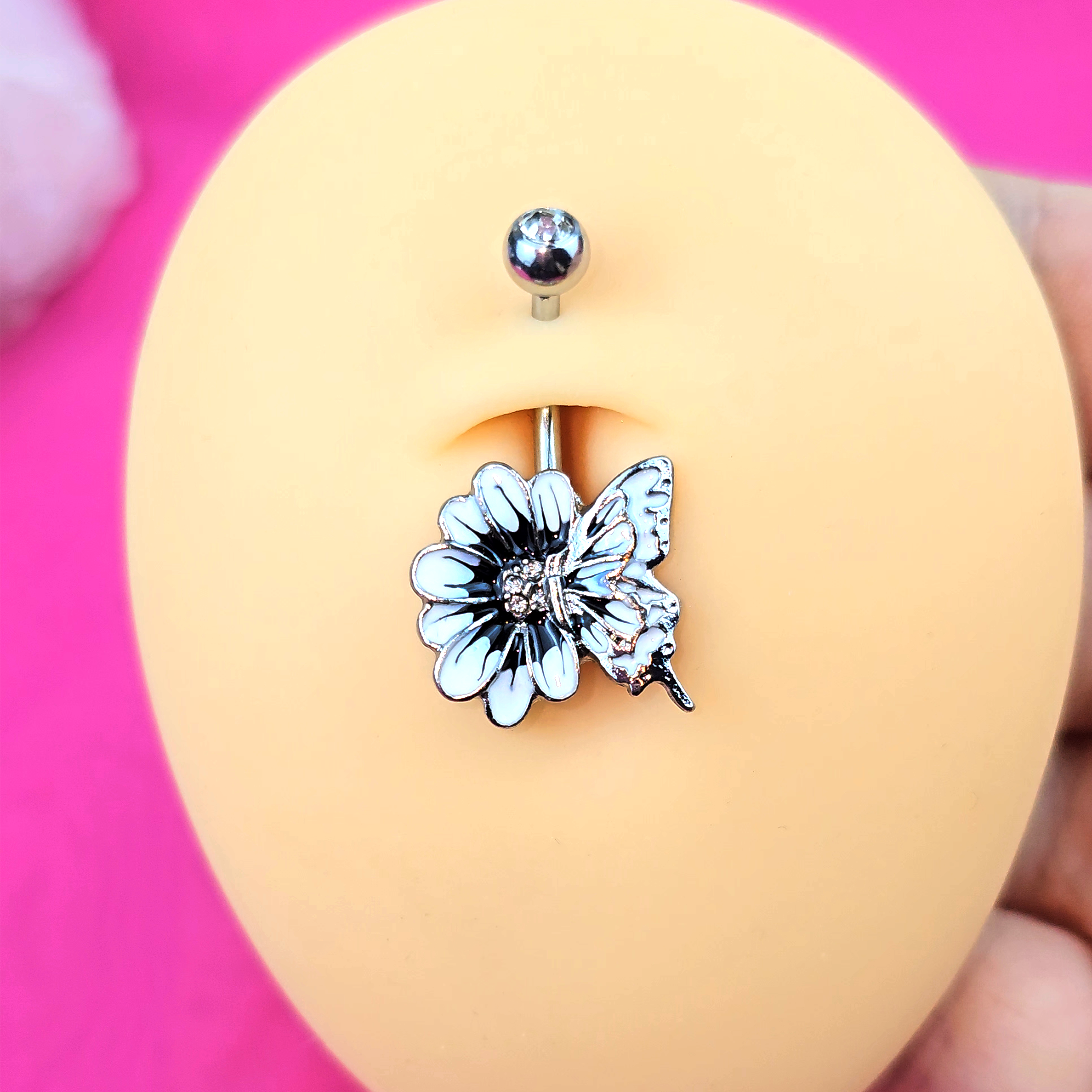 BodyCandy Clear Gem White Flower Butterfly Belly Ring — detail close-up