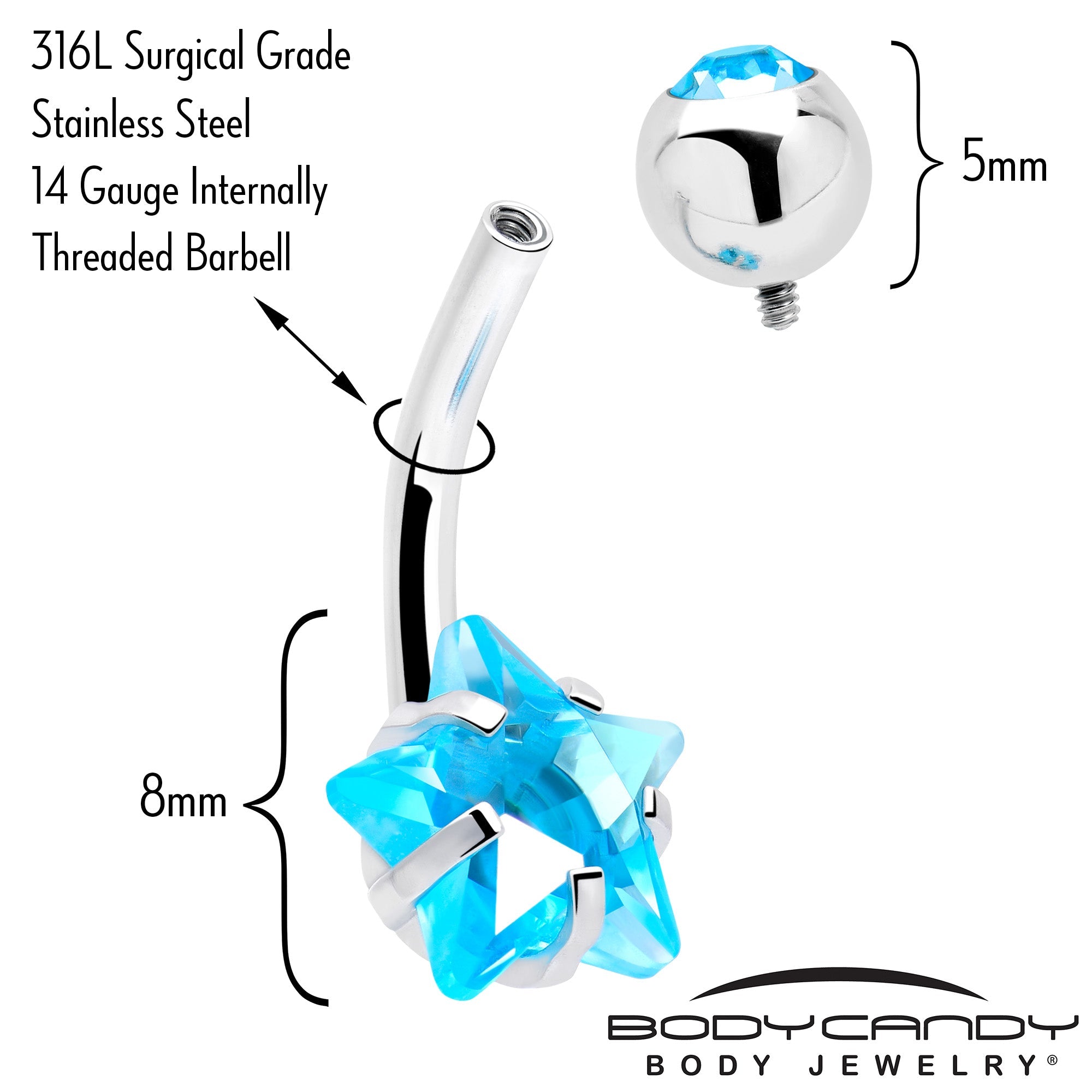 BodyCandy Blue CZ Gem Internally Threaded Simply Star Belly Ring — side view