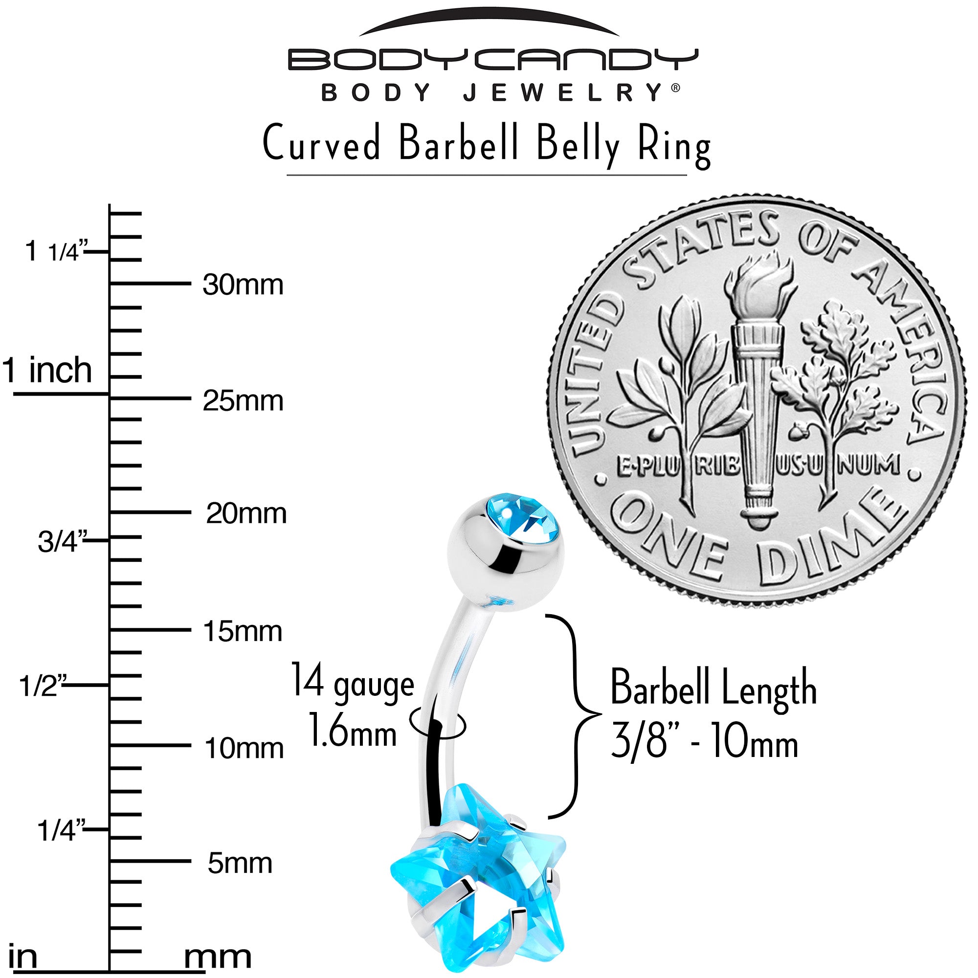 BodyCandy Blue CZ Gem Internally Threaded Simply Star Belly Ring — back view