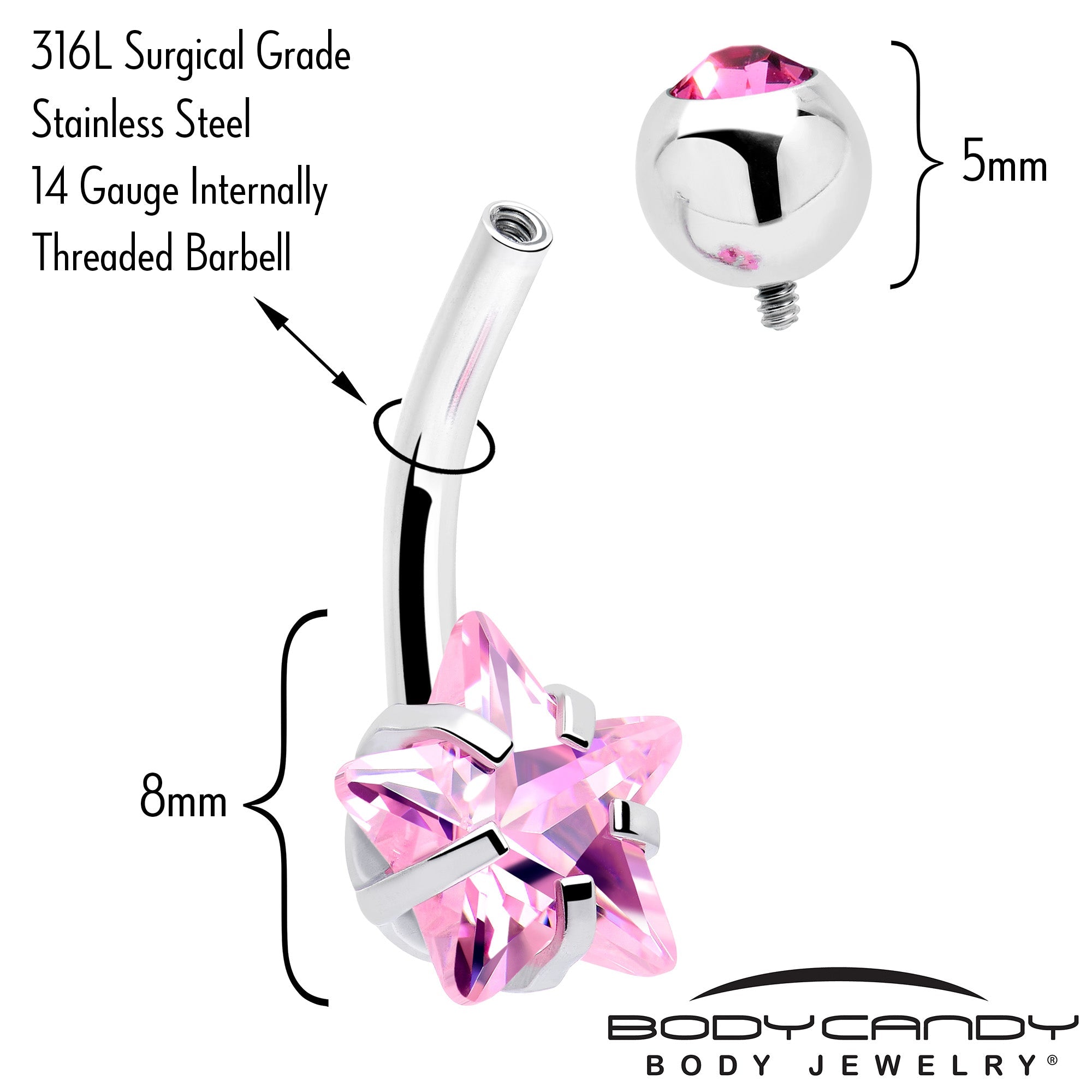 BodyCandy Pink CZ Gem Internally Threaded Simply Star Belly Ring — alternative angle
