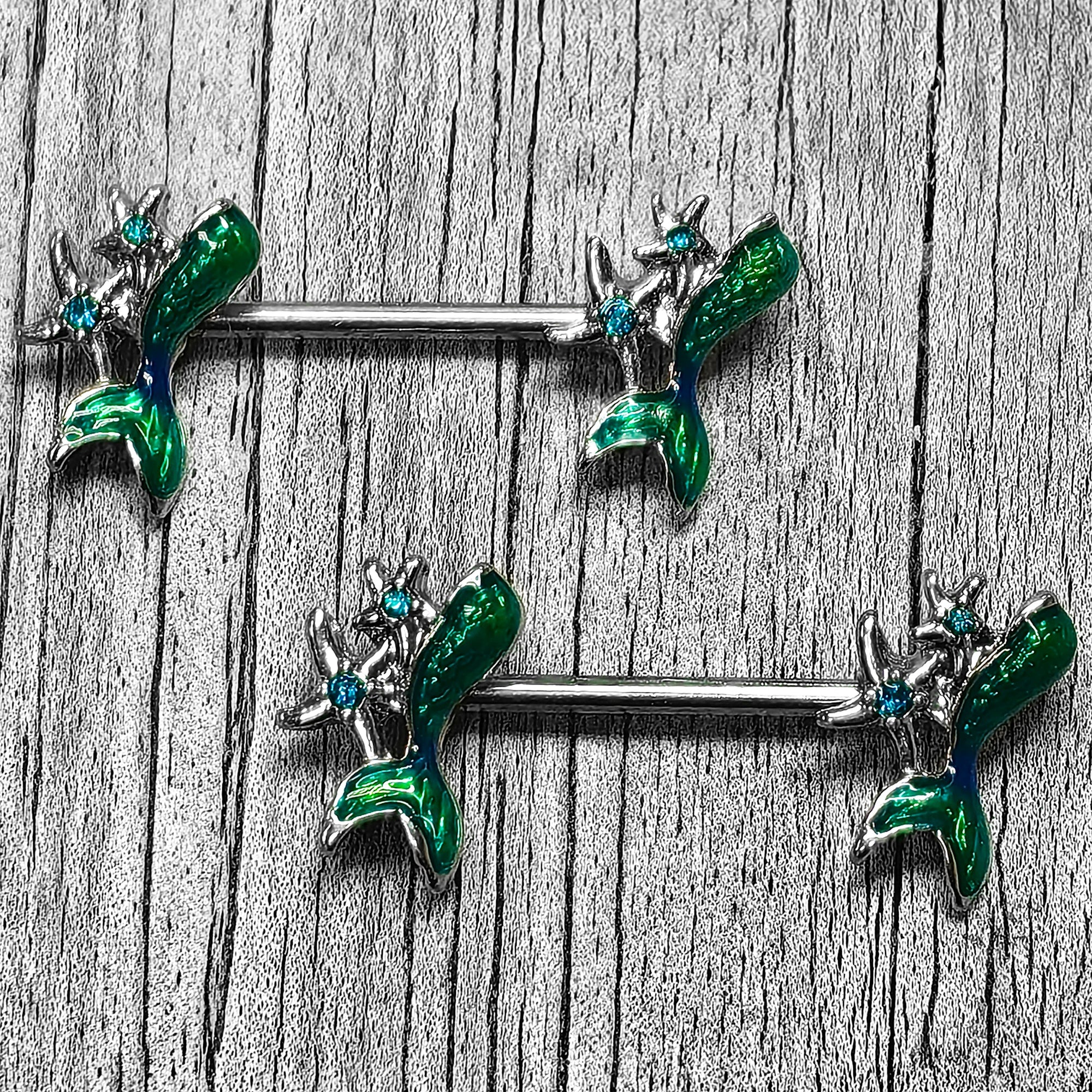 BodyCandy 14G 9/16 Green Gem Blue Mermaid Tail Stars Barbell Nipple Ring Set — main product shot