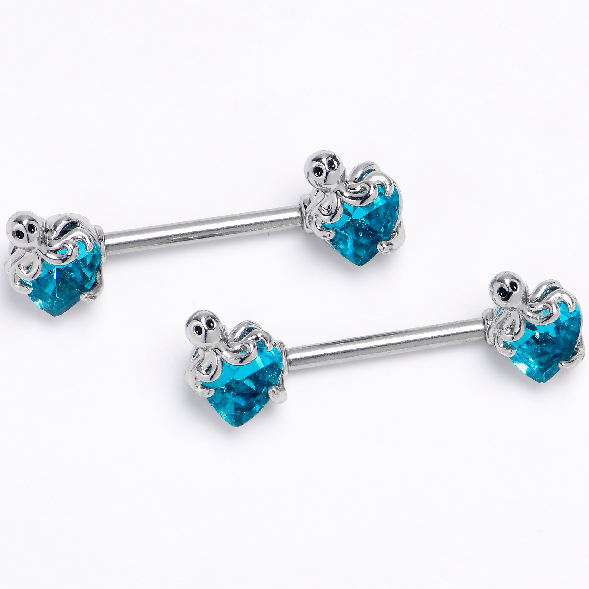 BodyCandy 14G 9/16 Blue Gem Octopus Heart Barbell Nipple Ring Set — main product shot