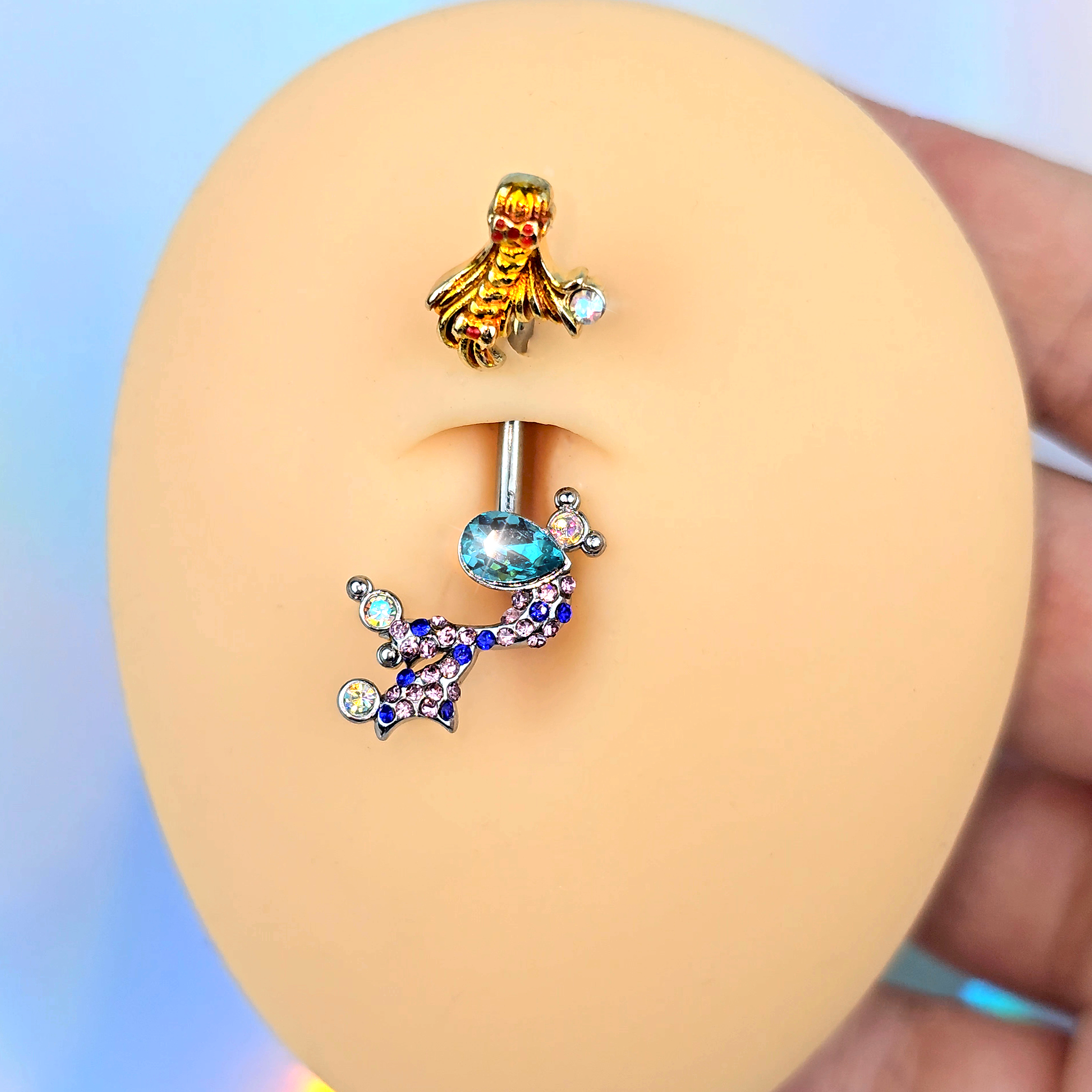 BodyCandy Aurora Gem Abstract Mermaid Double Mount Belly Ring — detail close-up