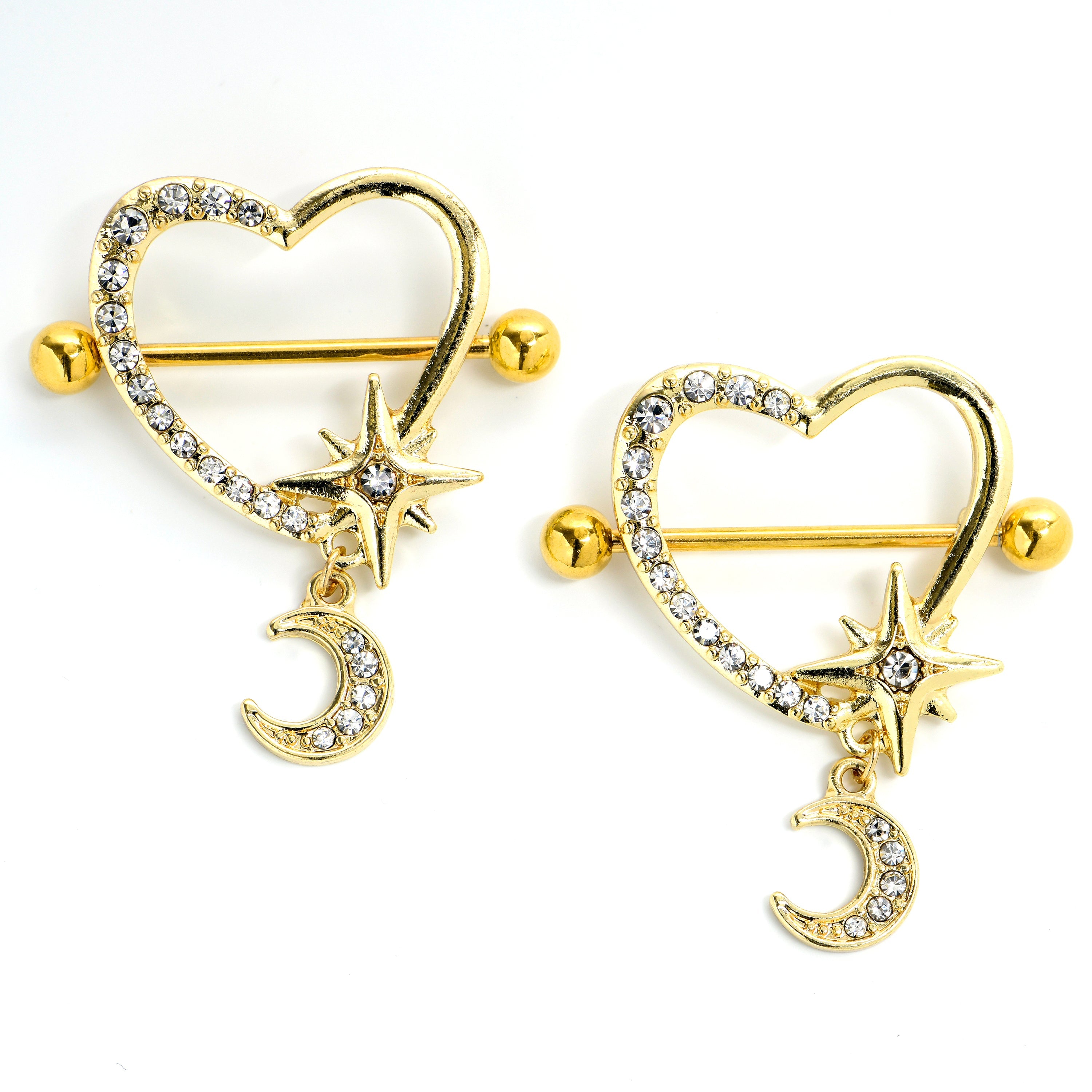 BodyCandy 14G 9/16 Clear Gem Gold Tone Heart Moon Dangle Nipple Shield Set — main product shot