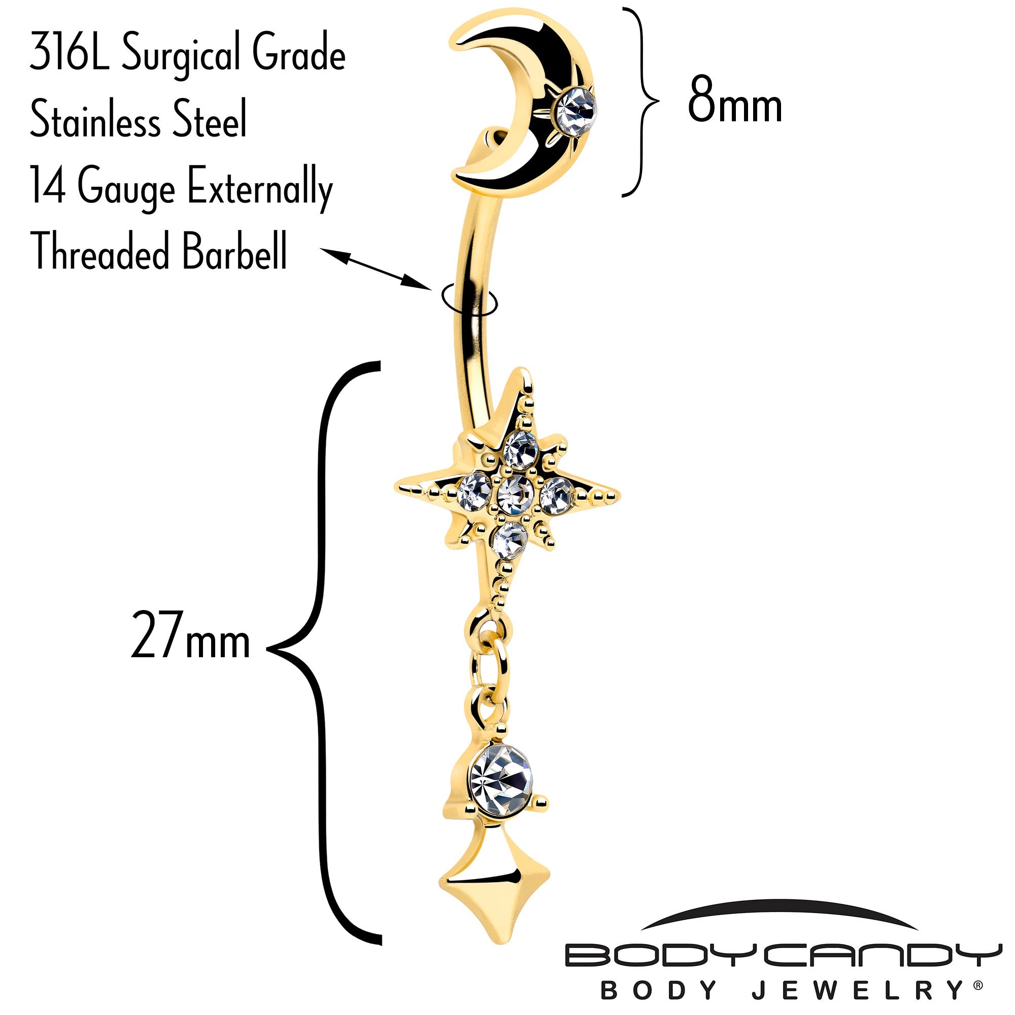 BodyCandy Clear Gem Gold Tone Celestial Glam Dangle Double Mount Belly Ring — side view