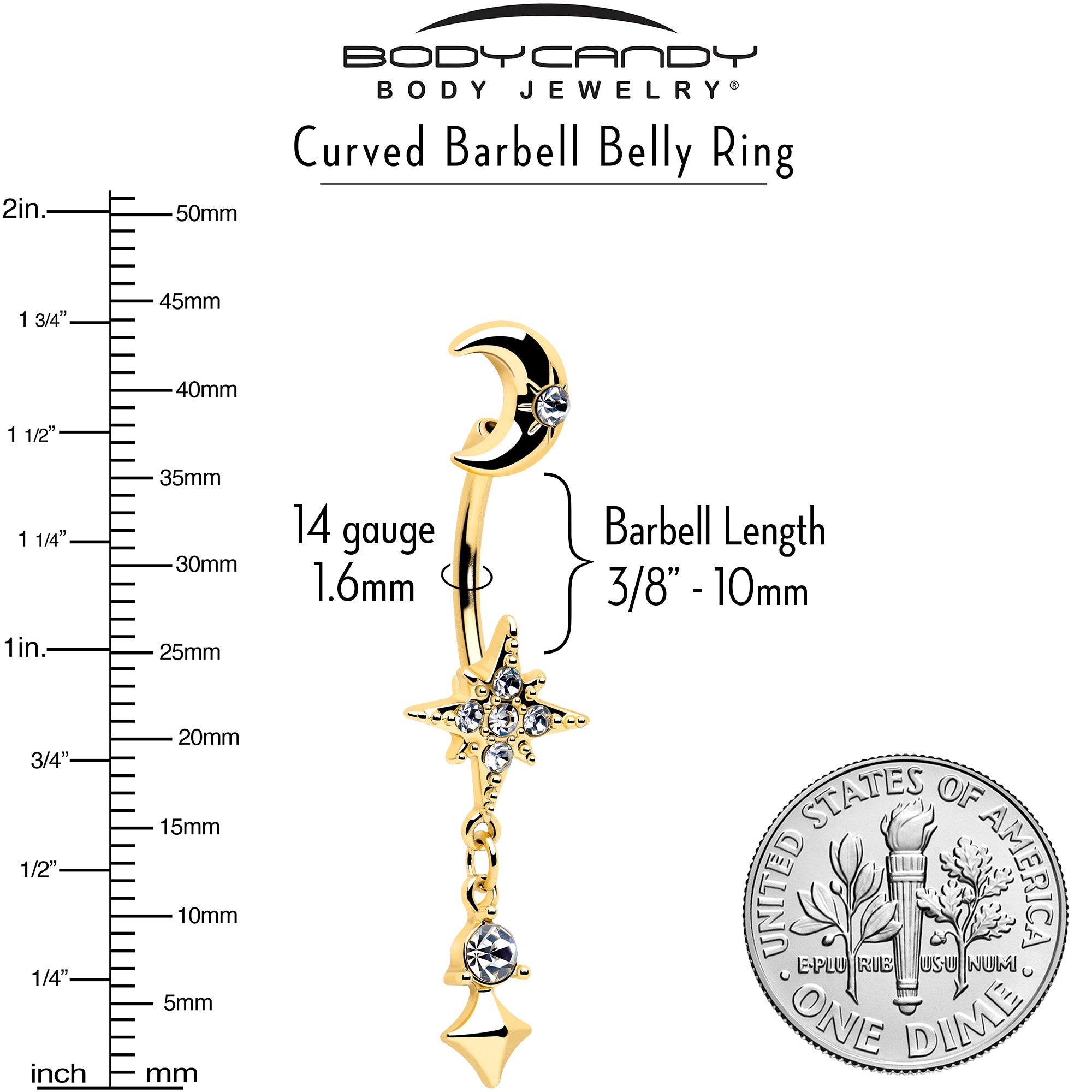 BodyCandy Clear Gem Gold Tone Celestial Glam Dangle Double Mount Belly Ring — back view