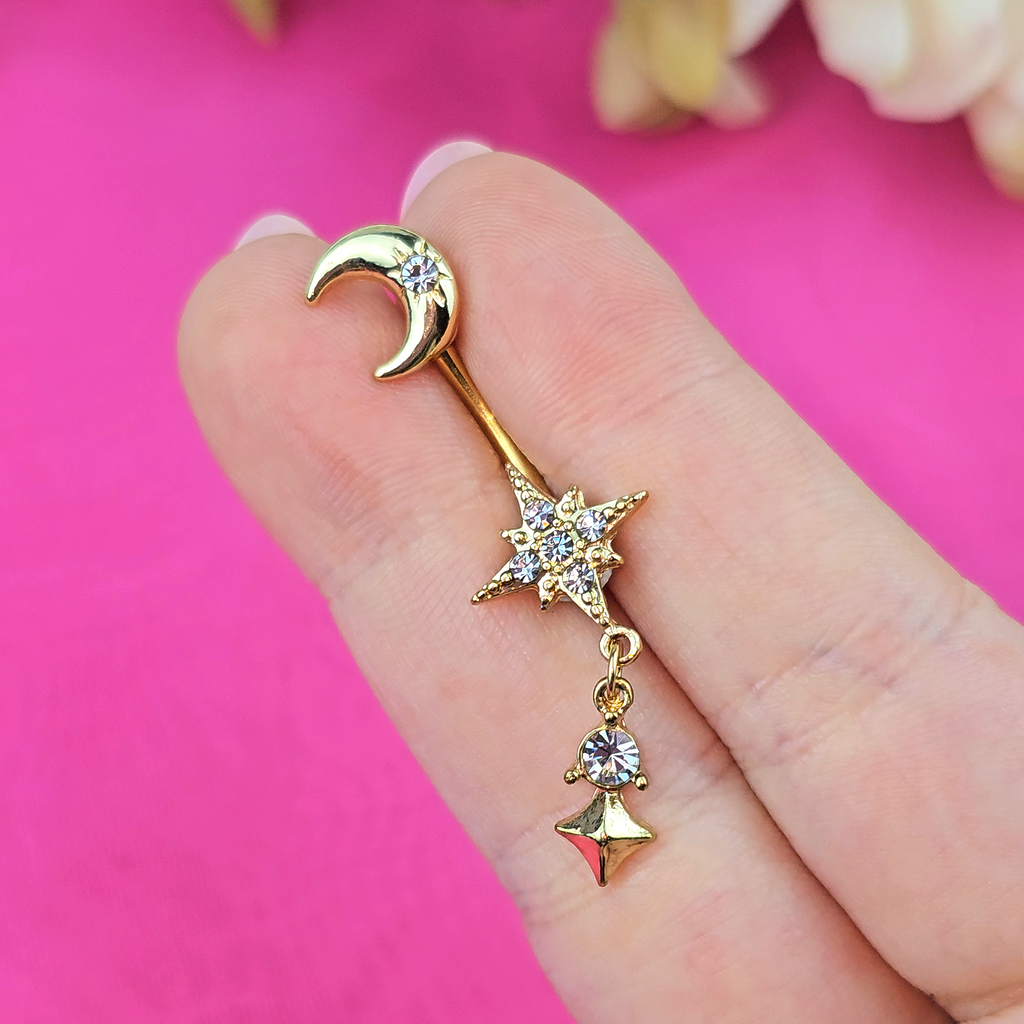 BodyCandy Clear Gem Gold Tone Celestial Glam Dangle Double Mount Belly Ring — detail close-up