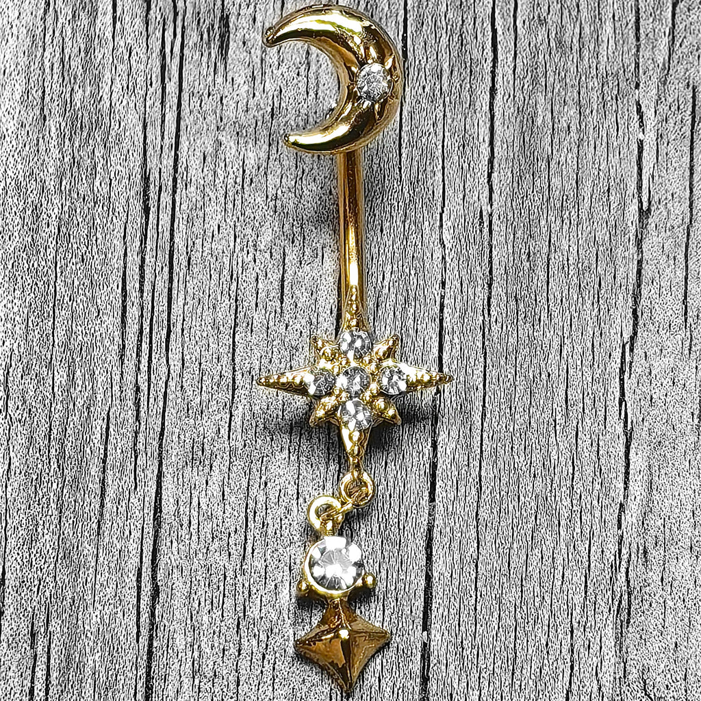 BodyCandy Clear Gem Gold Tone Celestial Glam Dangle Double Mount Belly Ring — lifestyle context