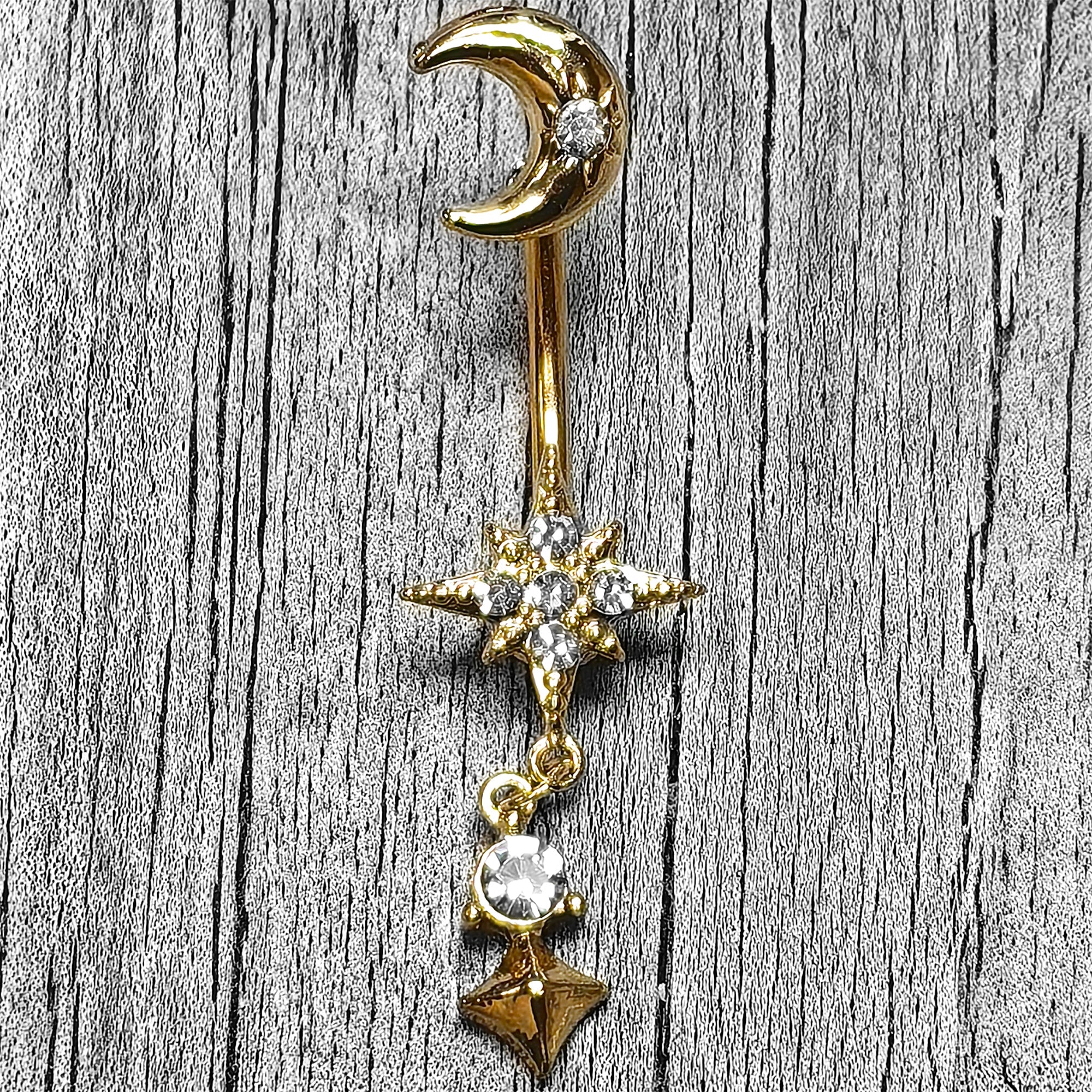 BodyCandy Clear Gem Gold Tone Celestial Glam Dangle Double Mount Belly Ring — lifestyle context