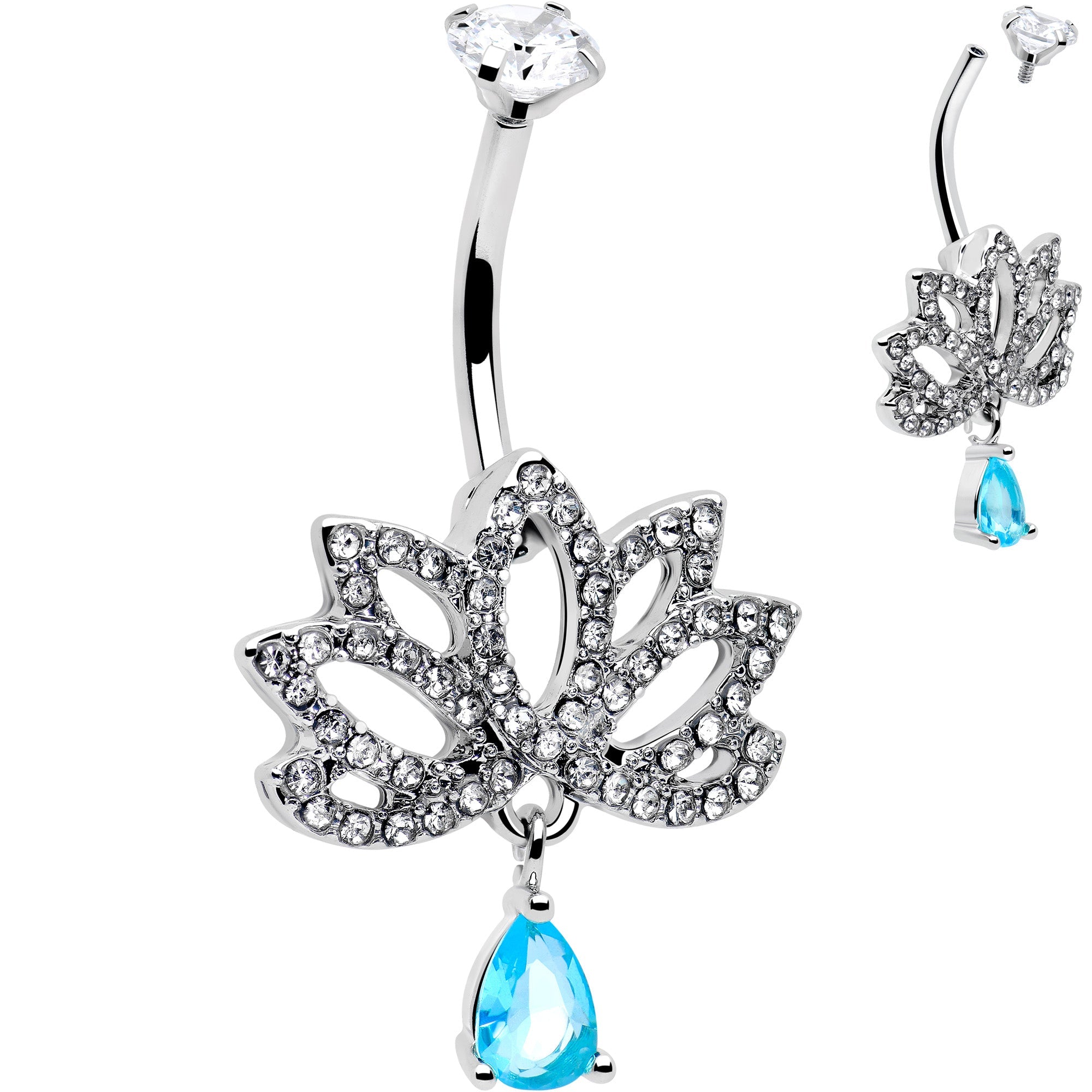 BodyCandy Clear Blue CZ Gem Fashion Flower Lotus Flower Dangle Belly Ring — main product shot