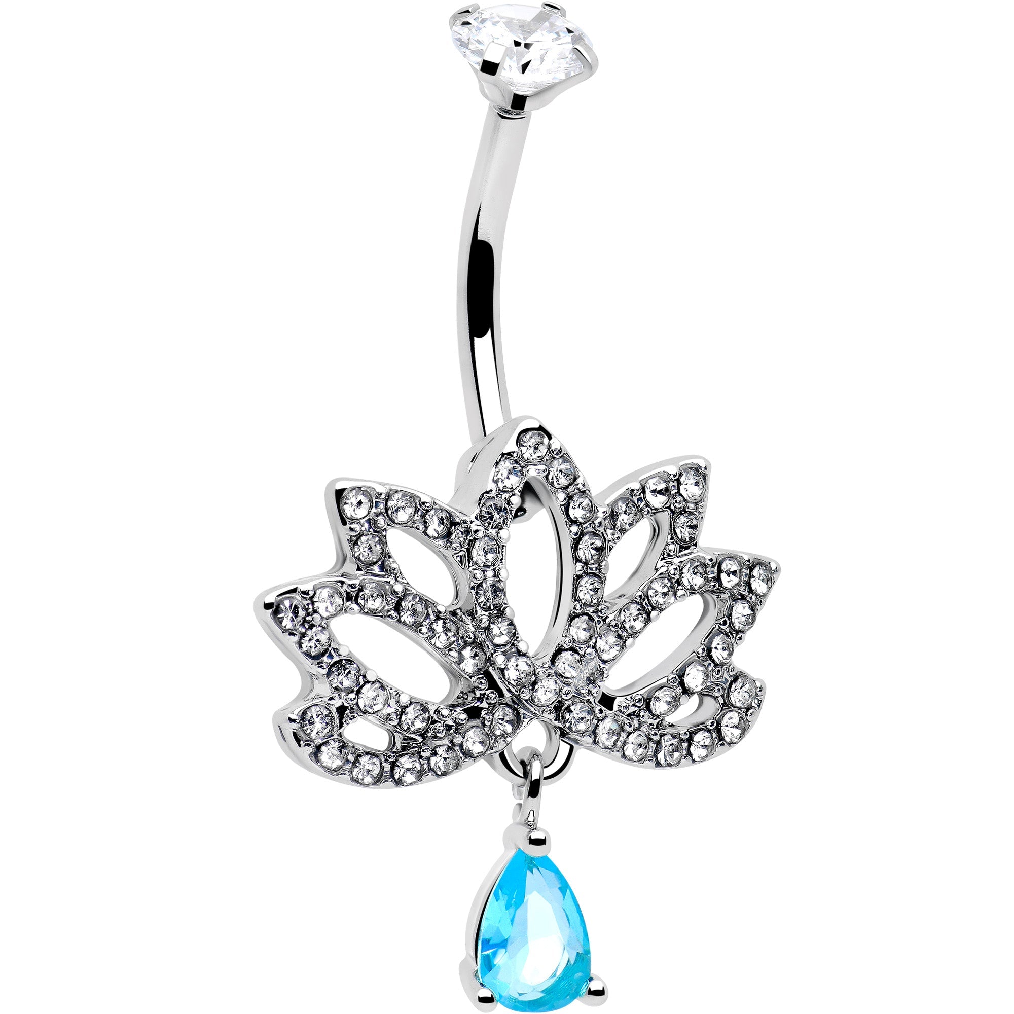 BodyCandy Clear Blue CZ Gem Fashion Flower Lotus Flower Dangle Belly Ring — detail close-up