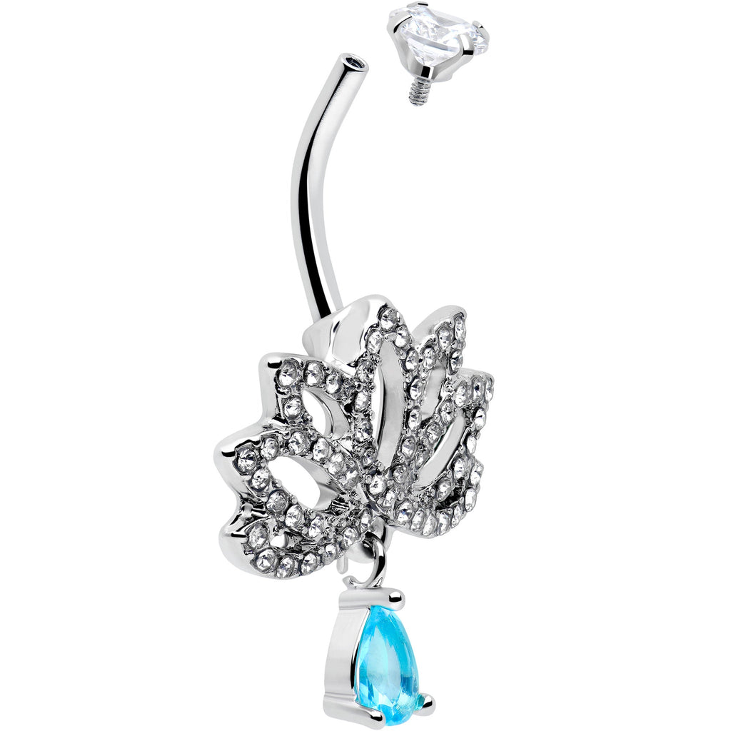 BodyCandy Clear Blue CZ Gem Fashion Flower Lotus Flower Dangle Belly Ring — side view