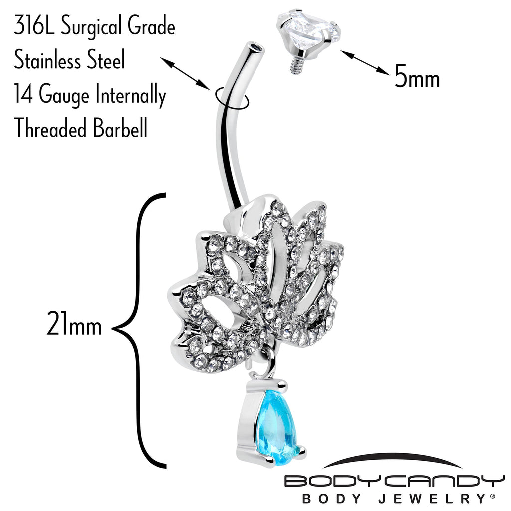 BodyCandy Clear Blue CZ Gem Fashion Flower Lotus Flower Dangle Belly Ring — back view