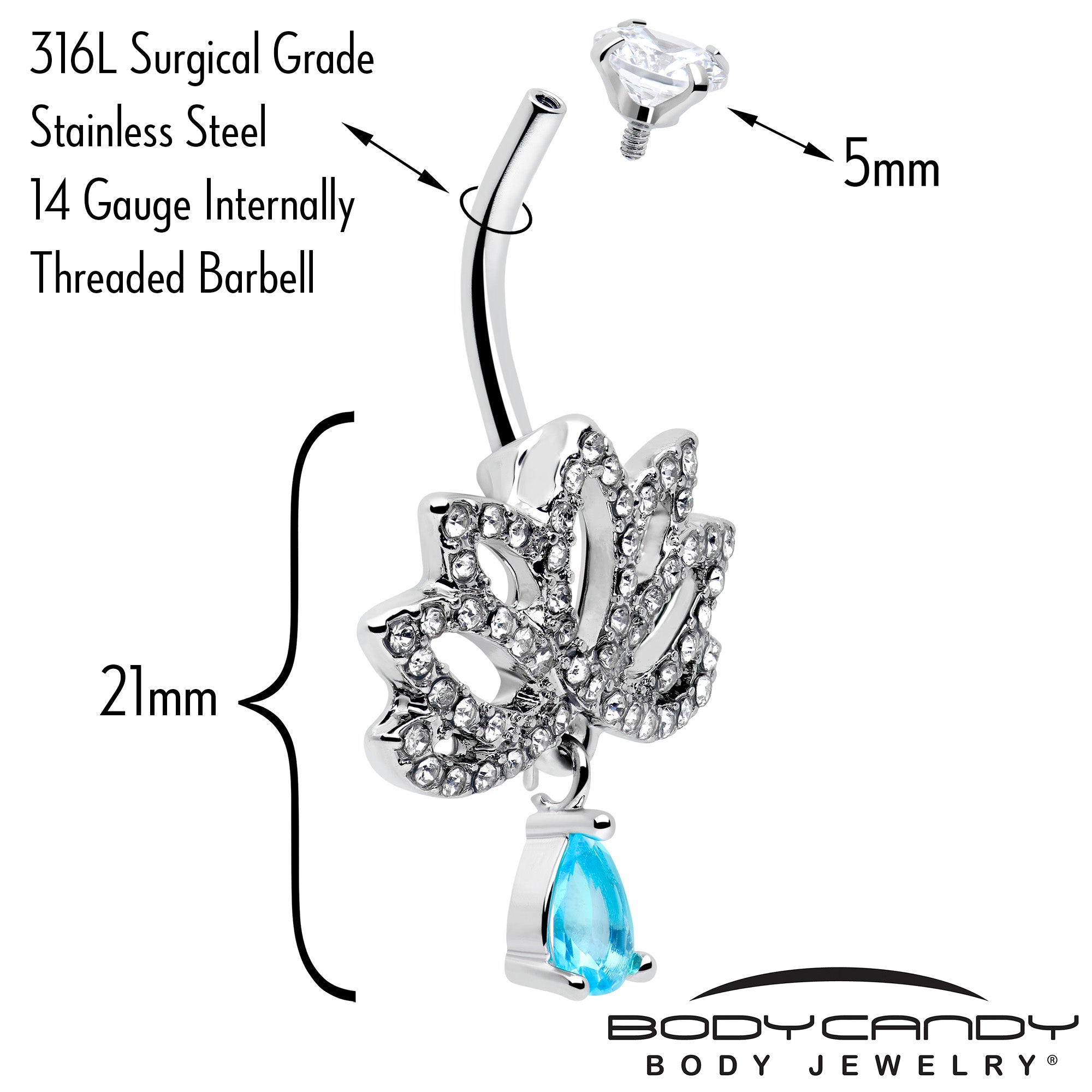 BodyCandy Clear Blue CZ Gem Fashion Flower Lotus Flower Dangle Belly Ring — back view