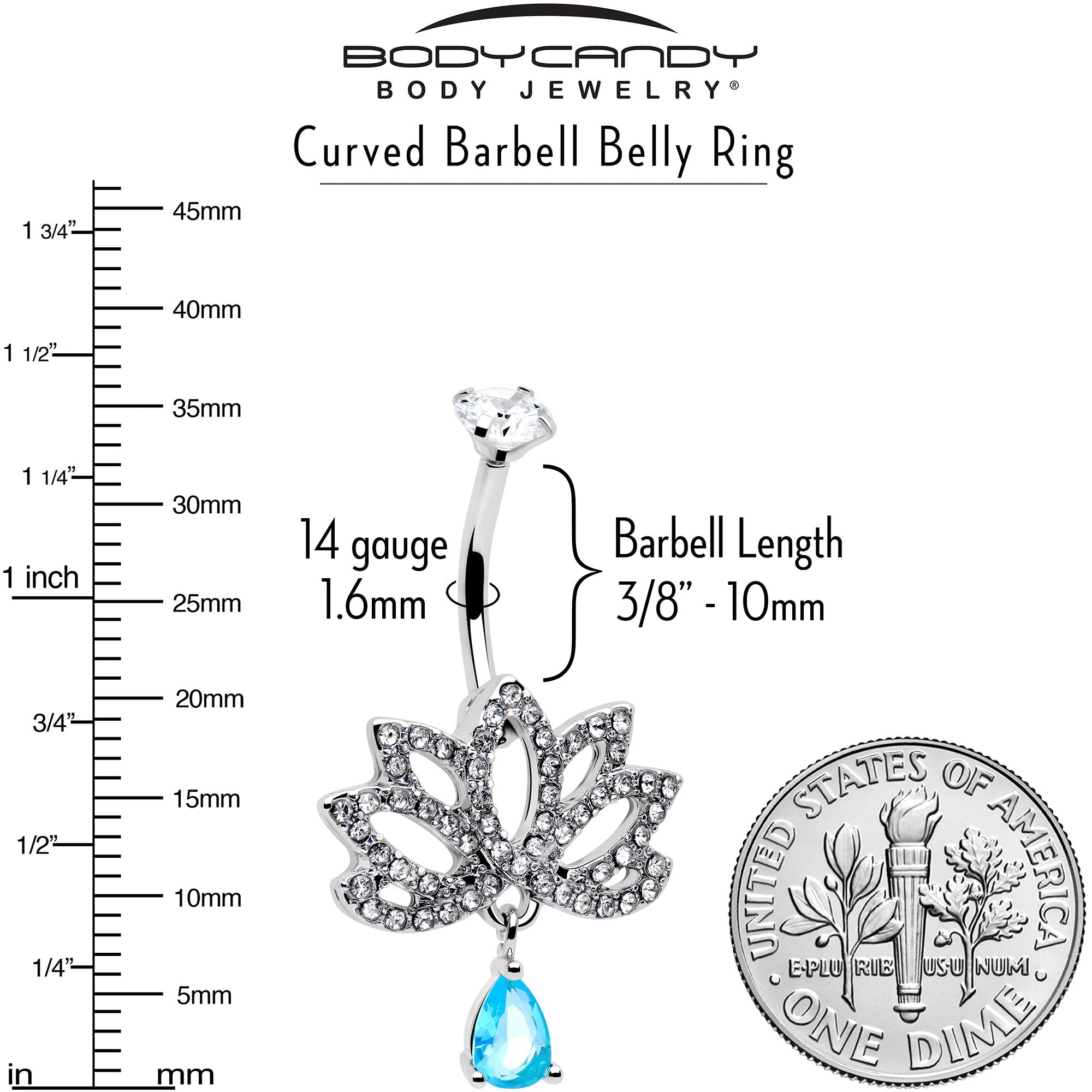 BodyCandy Clear Blue CZ Gem Fashion Flower Lotus Flower Dangle Belly Ring — alternative angle
