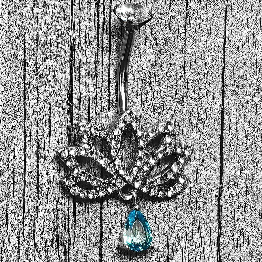 BodyCandy Clear Blue CZ Gem Fashion Flower Lotus Flower Dangle Belly Ring — lifestyle context