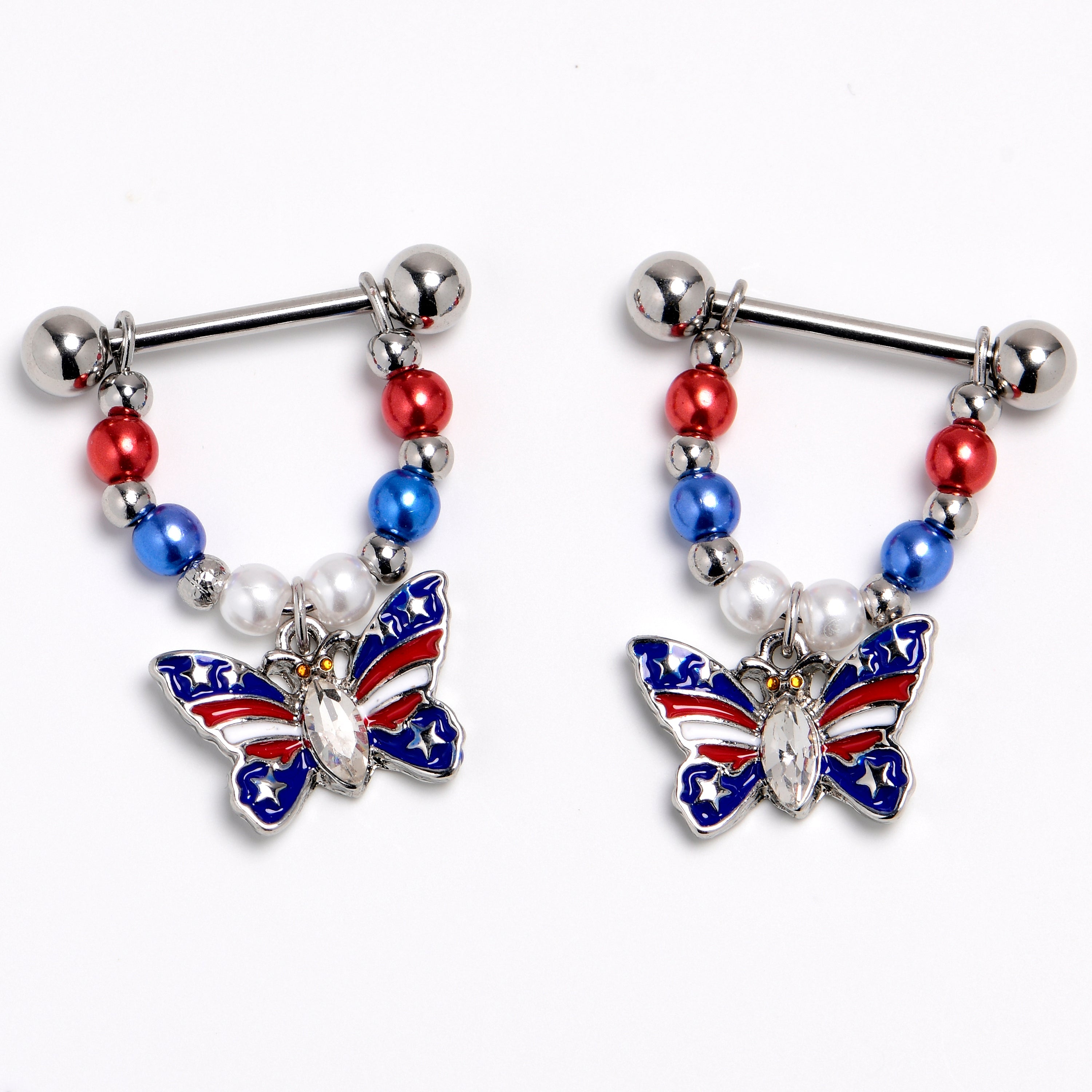 BodyCandy 14G 9/16 Clear Gem Patriotic Butterfly Dangle Nipple Ring Set — main product shot