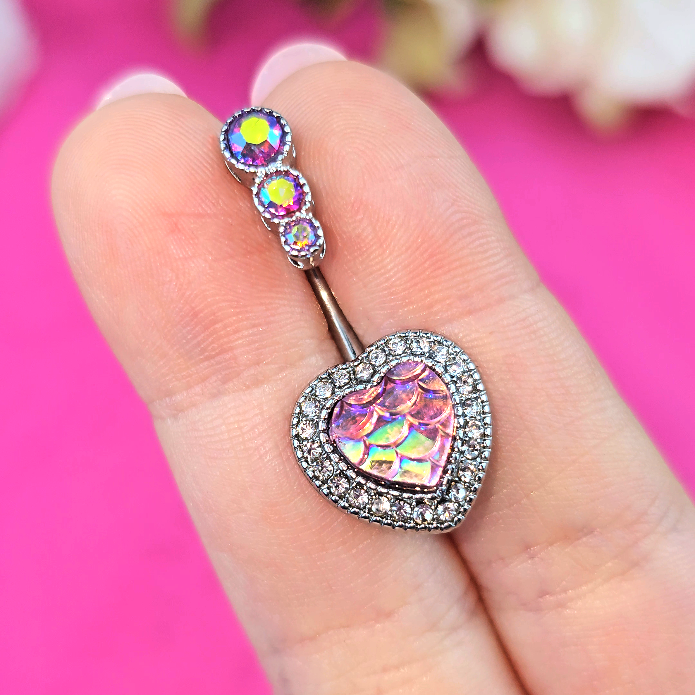 BodyCandy Pink Gem Mermaid Scale Heart Double Mount Belly Ring — lifestyle context