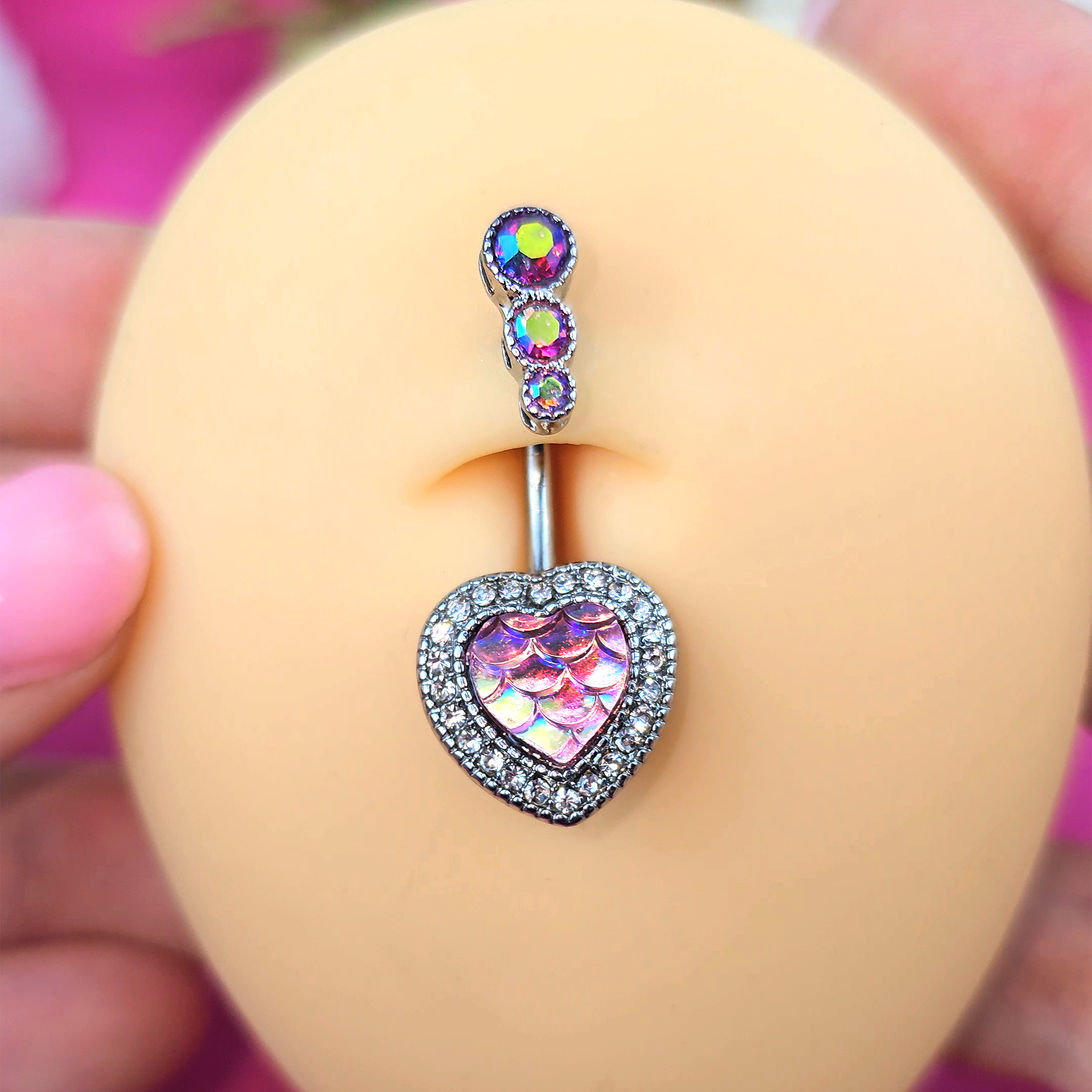 BodyCandy Pink Gem Mermaid Scale Heart Double Mount Belly Ring — detail close-up