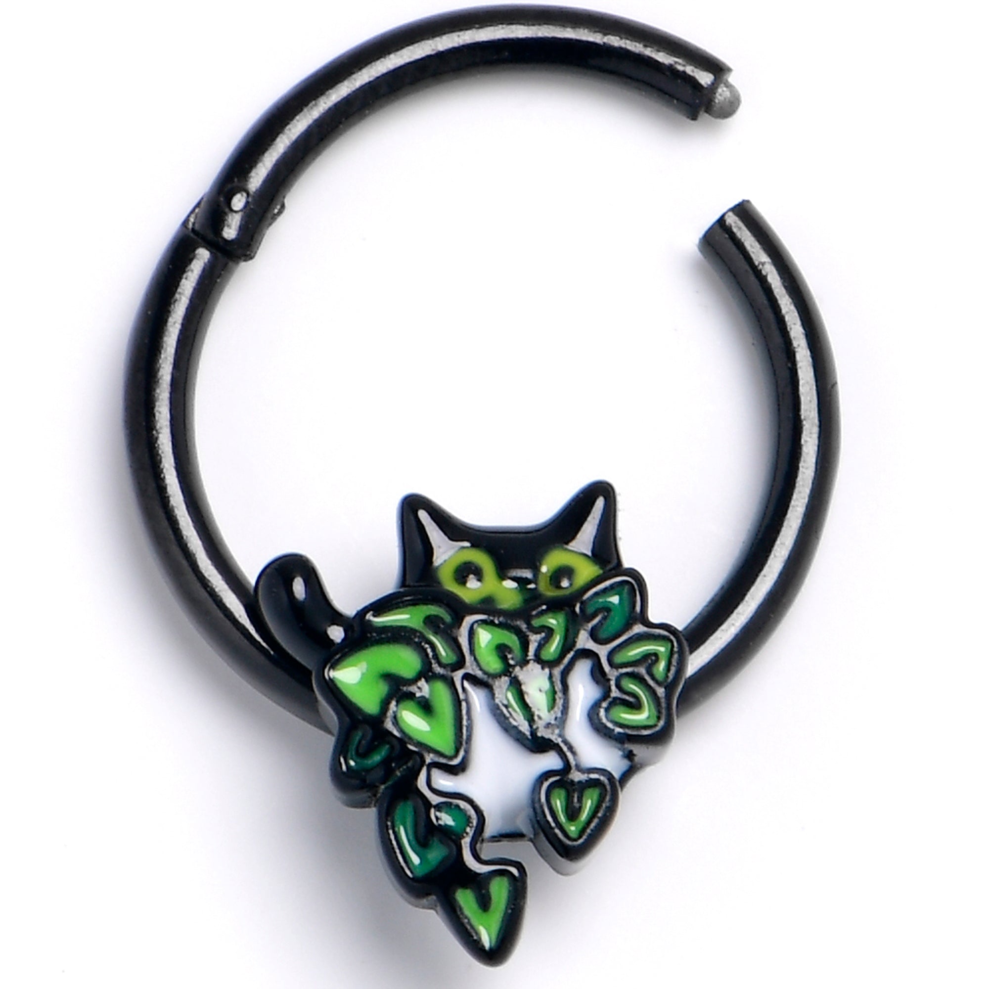 BodyCandy 16G 3/8 Black Pouncing Cat Hinged Segment Ring — main product shot