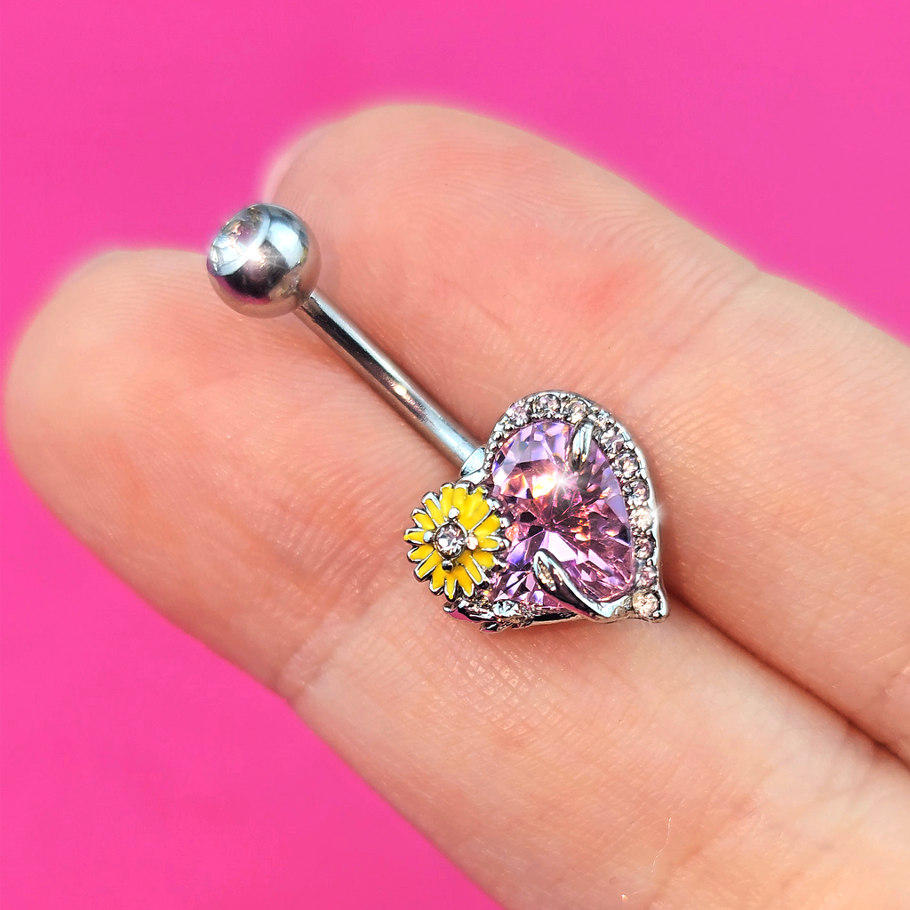 BodyCandy Pink Clear Gem Sunflower Heart Love Belly Ring — lifestyle context