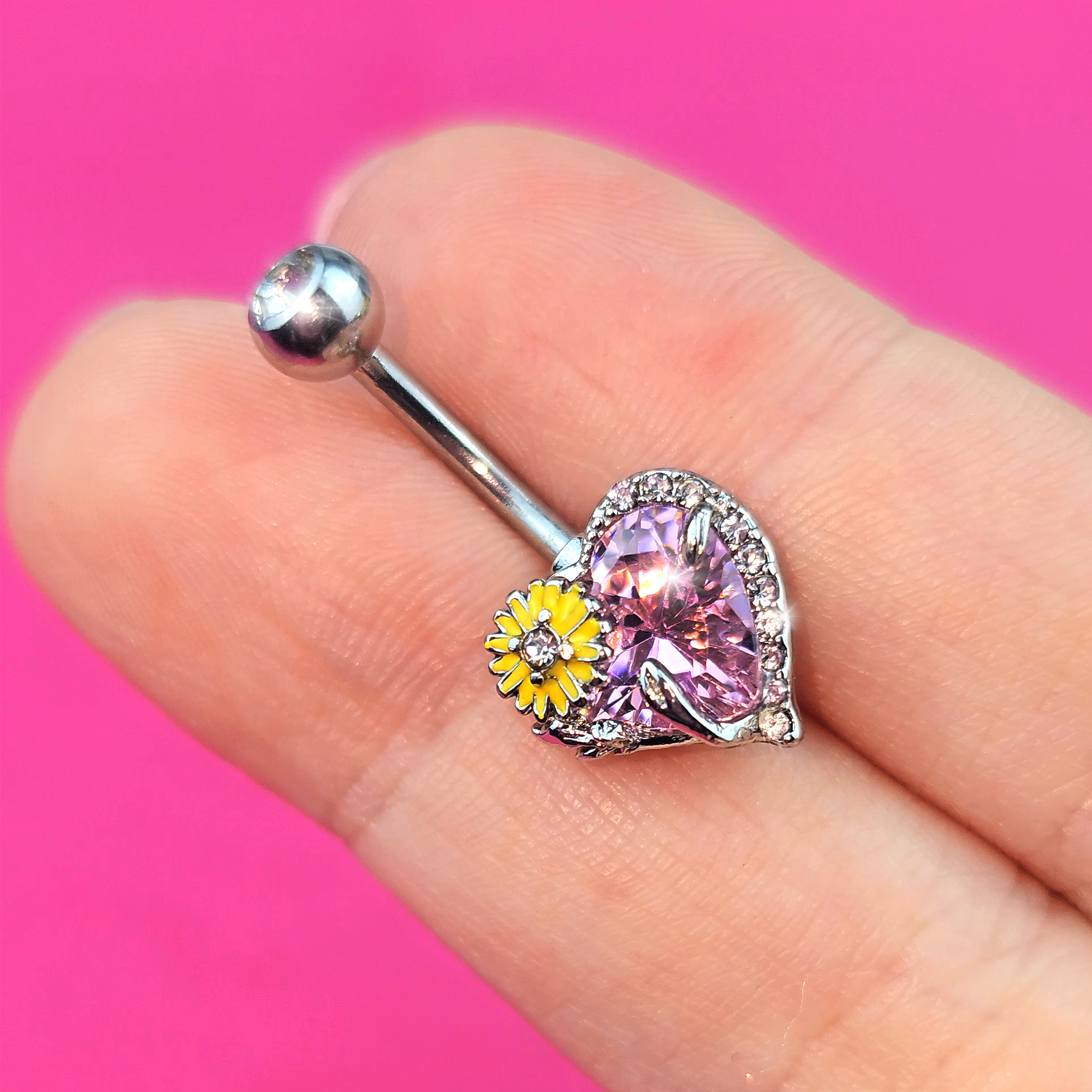 BodyCandy Pink Clear Gem Sunflower Heart Love Belly Ring — lifestyle context