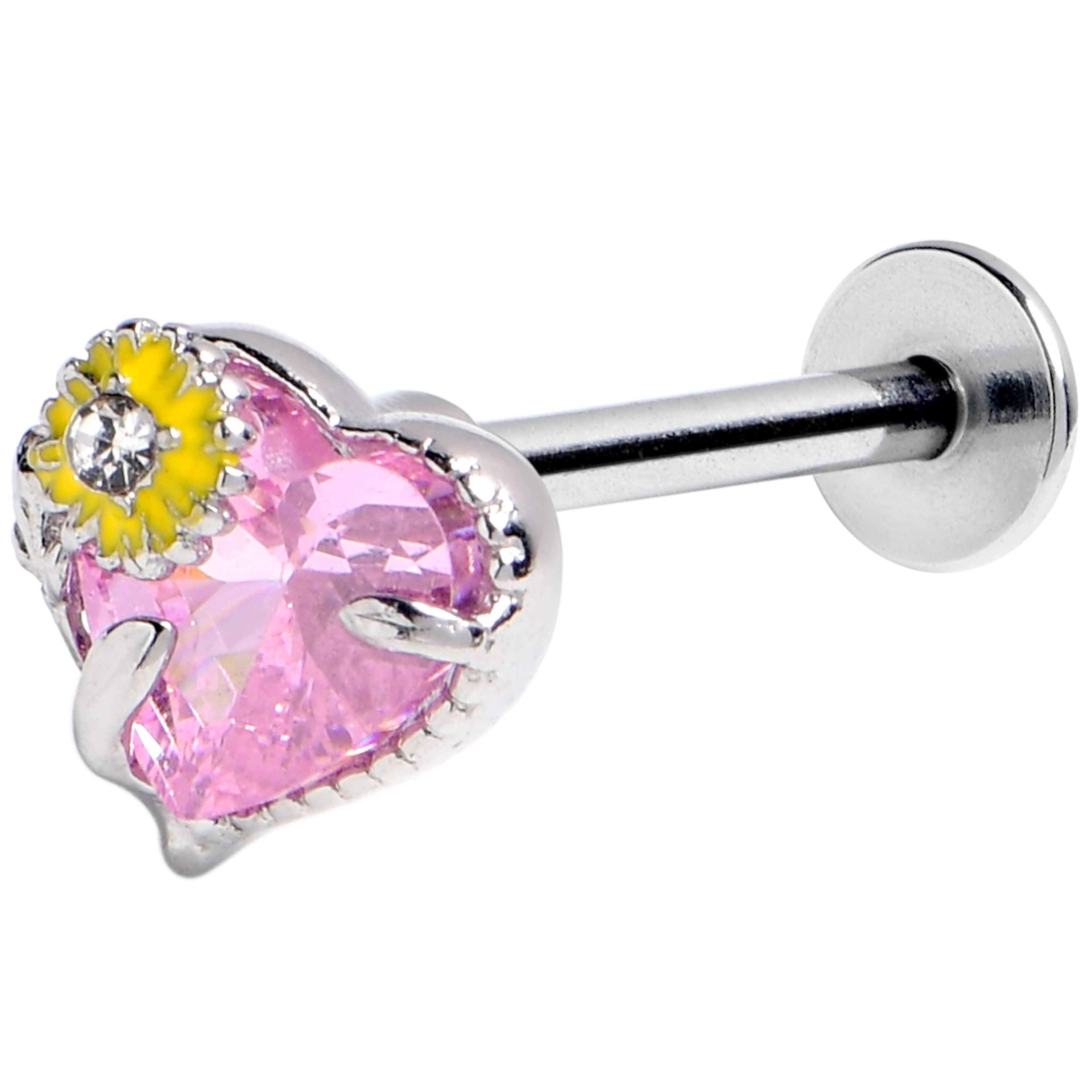 BodyCandy 16G 5/16 Pink CZ Gem Sunflower Heart Love Labret Monroe Tragus — main product shot
