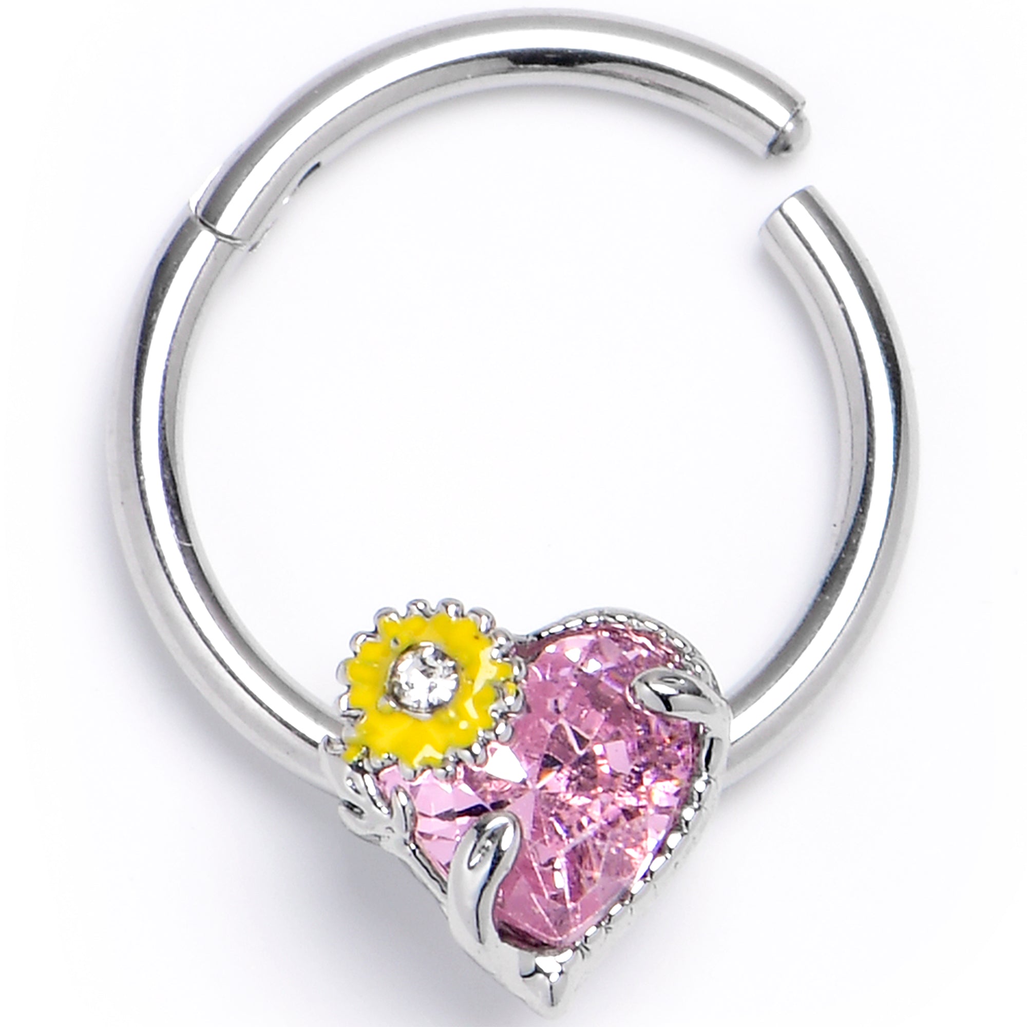 BodyCandy 16G 3/8 Pink Clear Gem Sunflower Heart Love Hinged Segment Ring — main product shot
