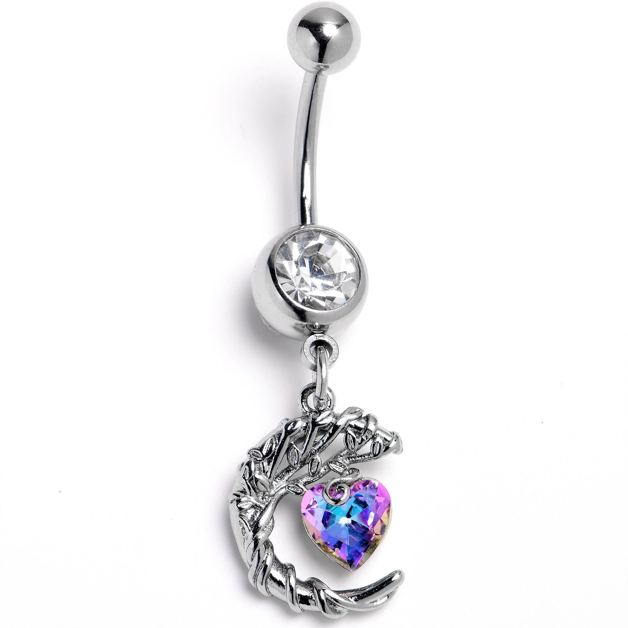 BodyCandy Clear Aurora Gem Leafy Moon Heart Dangle Belly Ring — main product shot