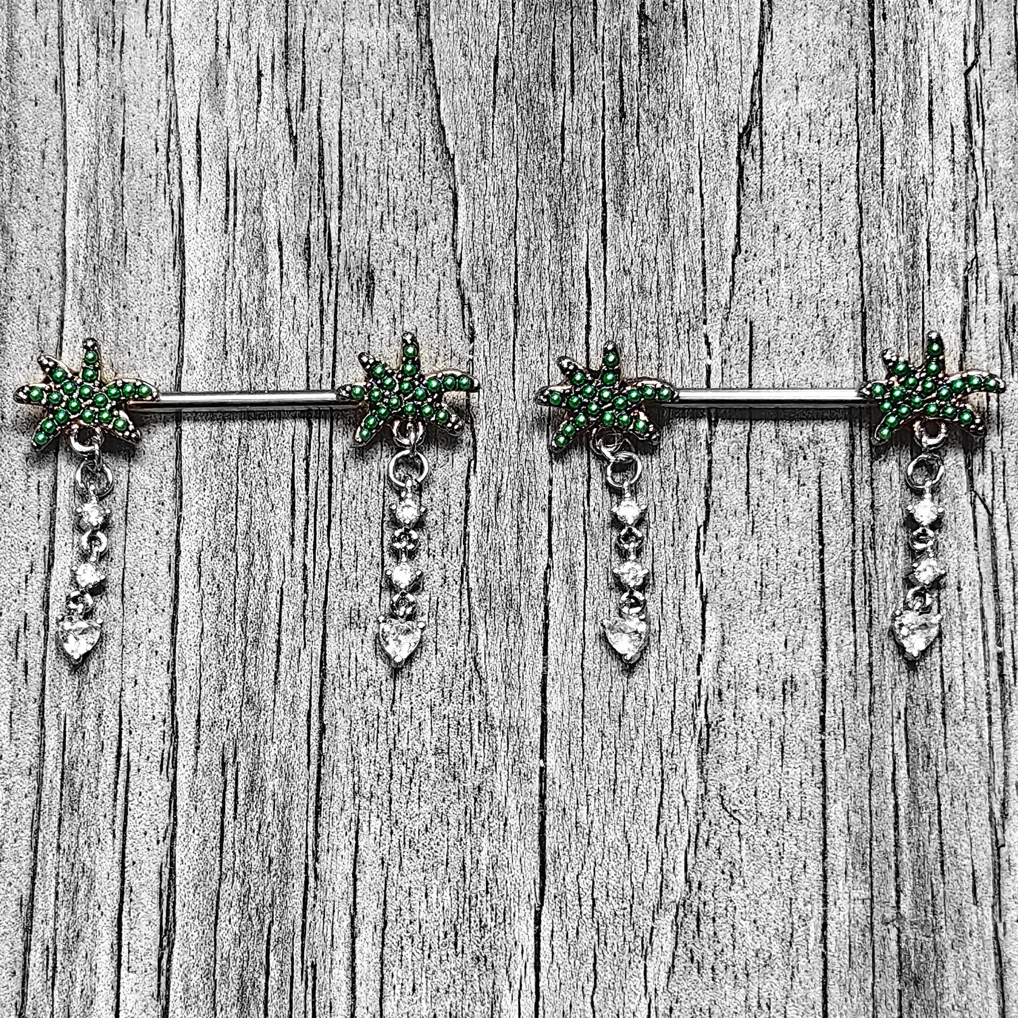 BodyCandy 14G 9/16 Clear Gem Palm Tree Love Dangle Nipple Ring Set — main product shot